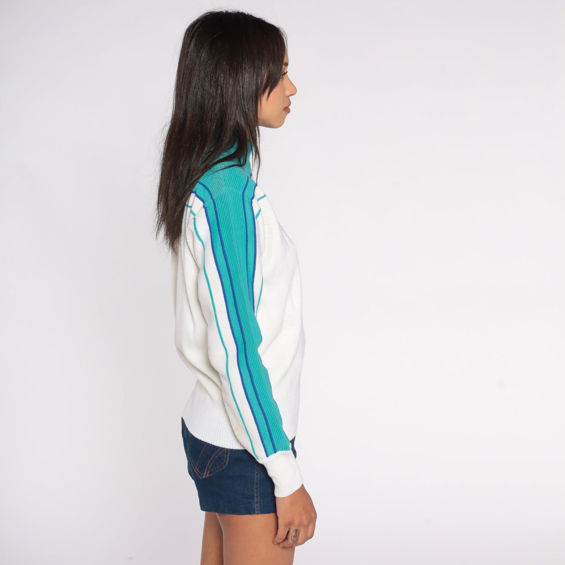 80s Meister Quarter Zip Sweater White Wool Blend Striped Knit Small S