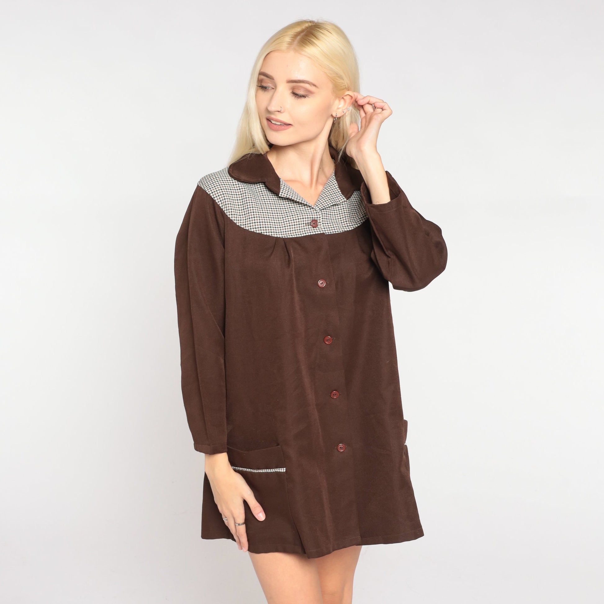 70s Brown Checkered Yoke Button-Up Tunic Blouse Long Sleeve Medium M