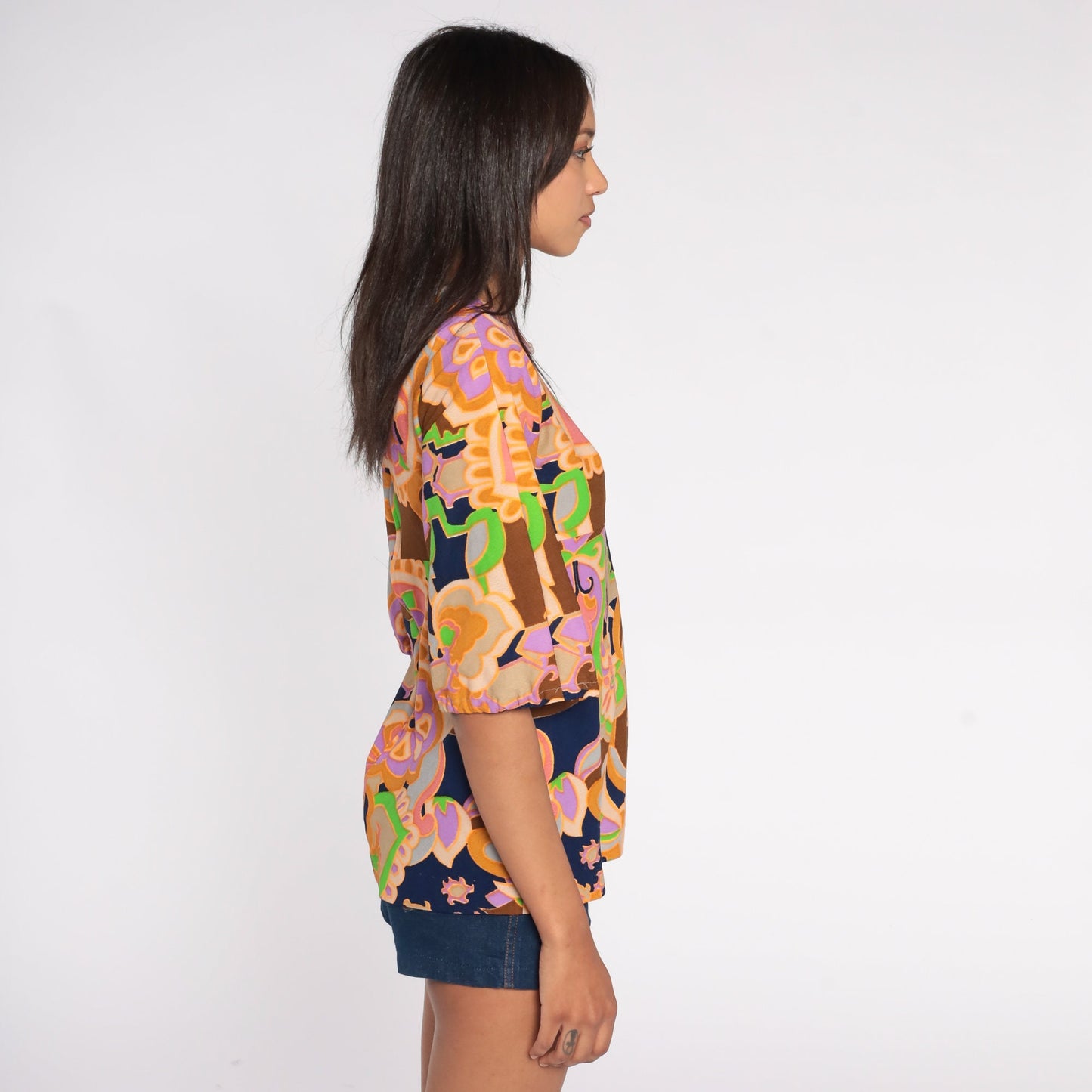 70s Floral Blouse Half-Sleeve Empire Waist Brown Psychedelic Shirt XS
