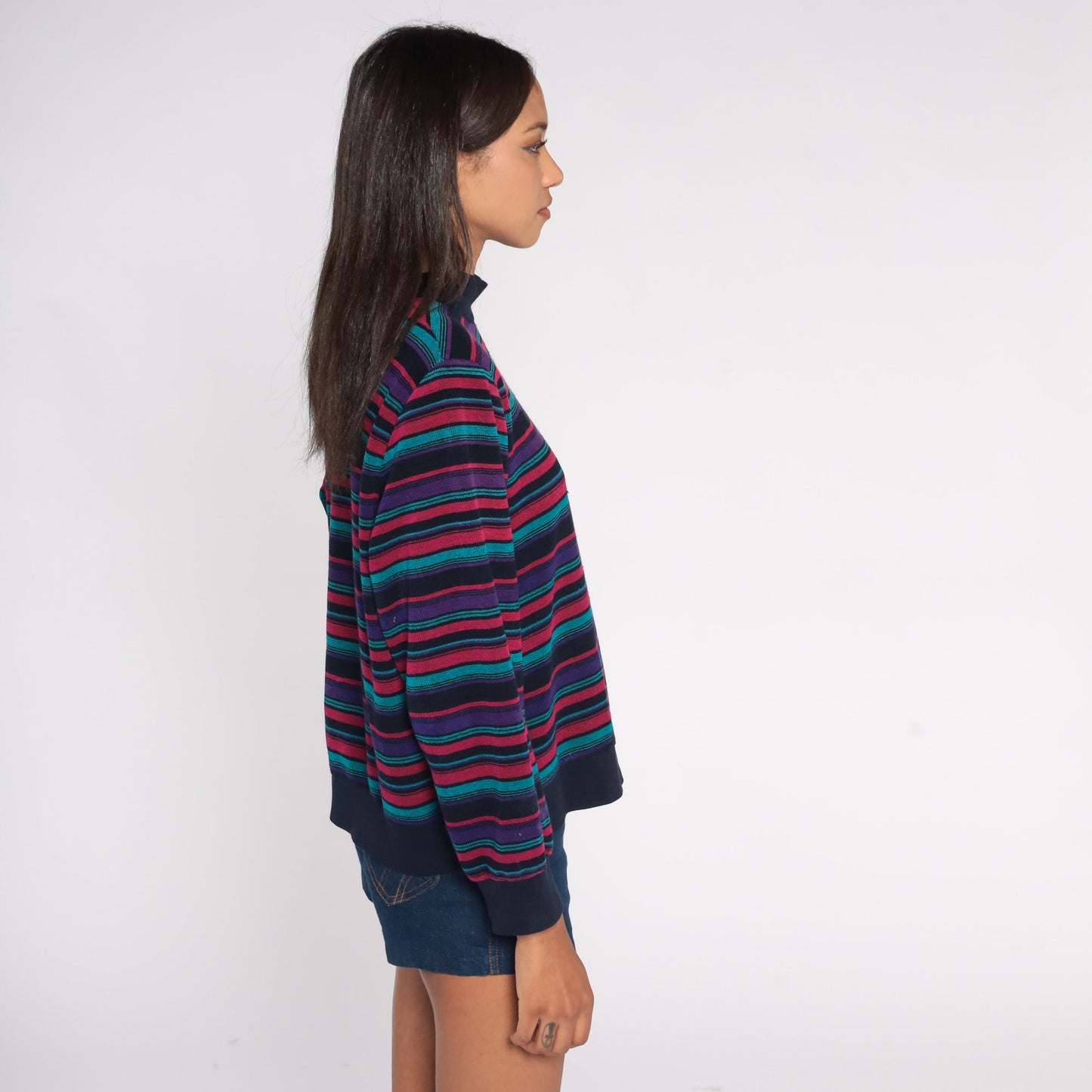80s Striped Terry Cloth Mock Neck Blouse Floral Buttons Long Sleeve Large L