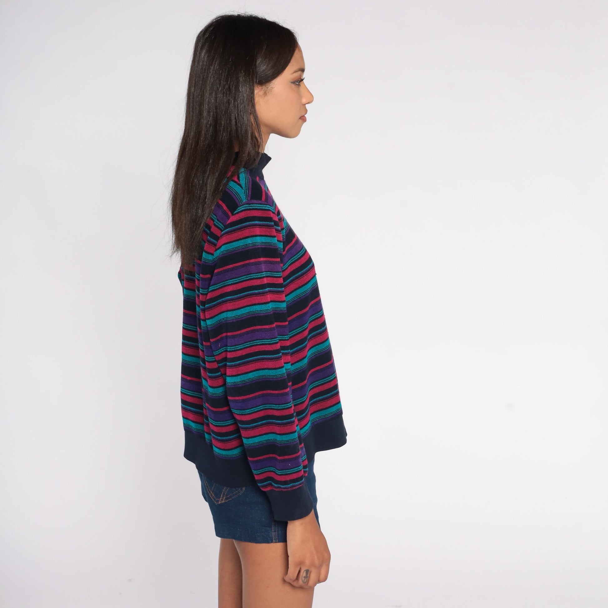 80s Striped Terry Cloth Mock Neck Blouse Floral Buttons Long Sleeve Large L