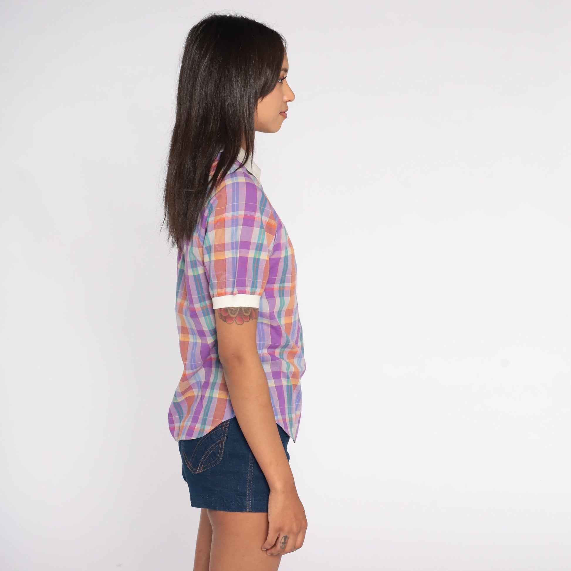 80s Plaid Button-Up Blouse Purple Orange Green Contrast Collar Short Sleeve Small