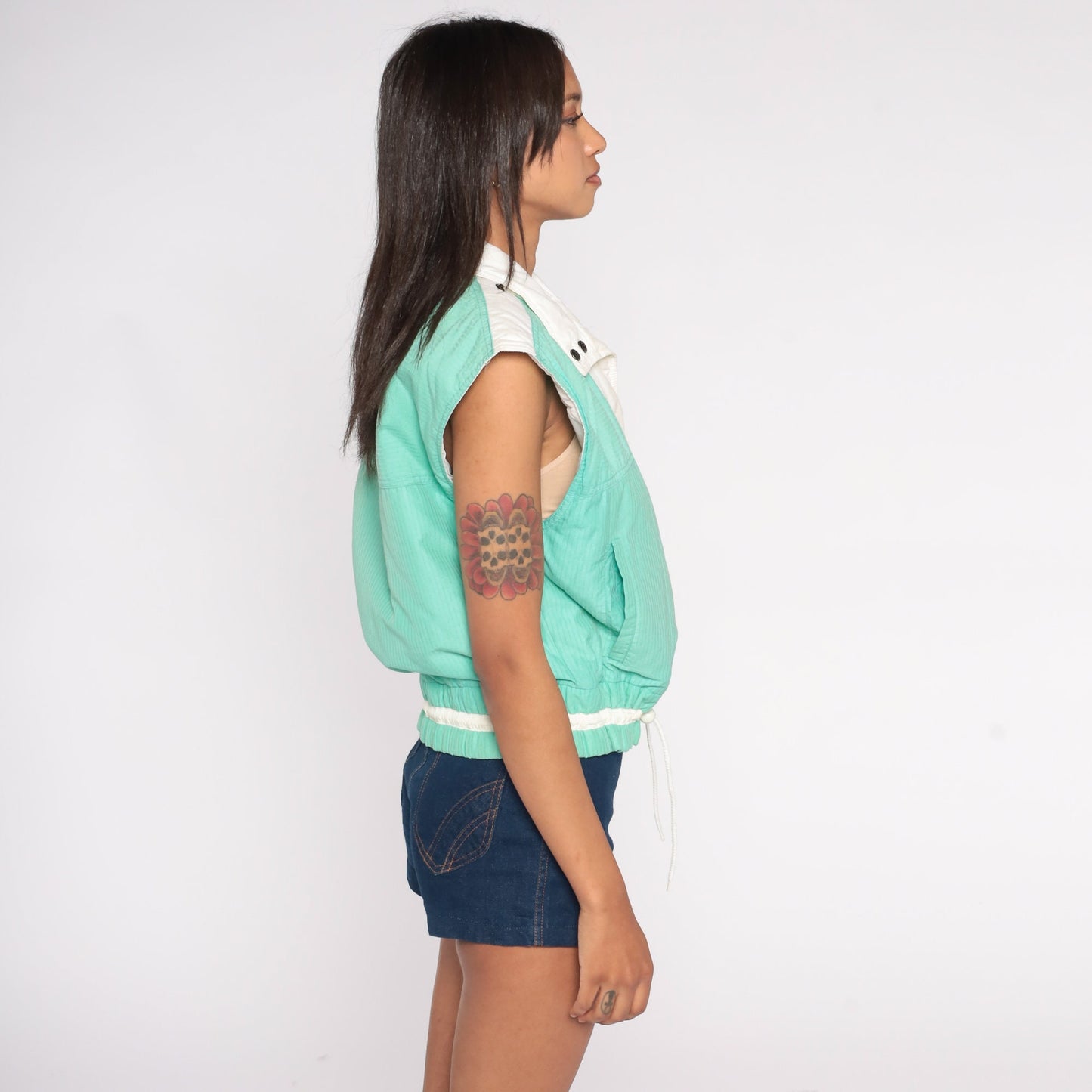 80s Mint Green Ski Puffer Vest Snap Front Drawstring Medium