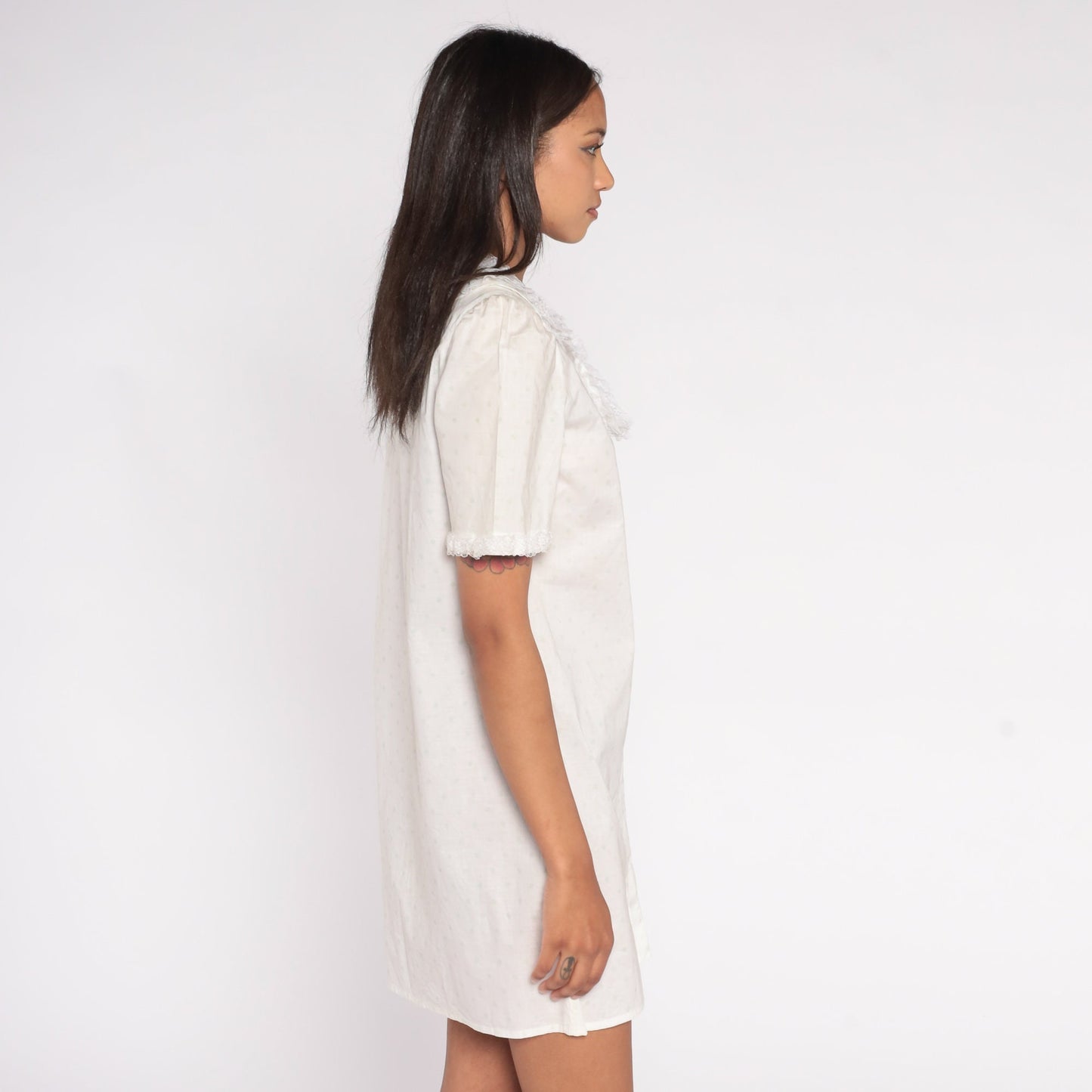 80s White Mini Dress Lace Collar Pleated Dot Print Short Sleeve Small
