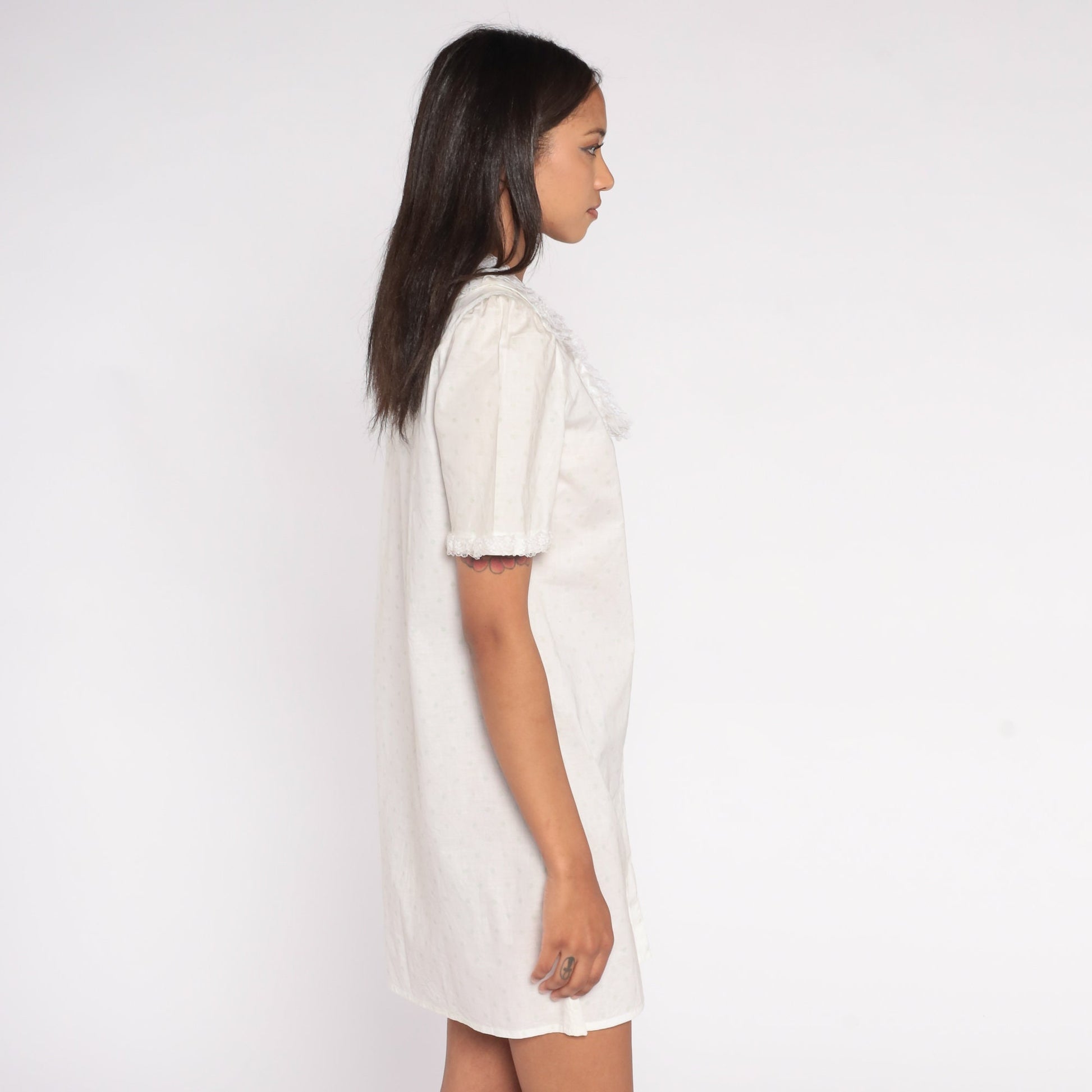 80s White Mini Dress Lace Collar Pleated Dot Print Short Sleeve Small