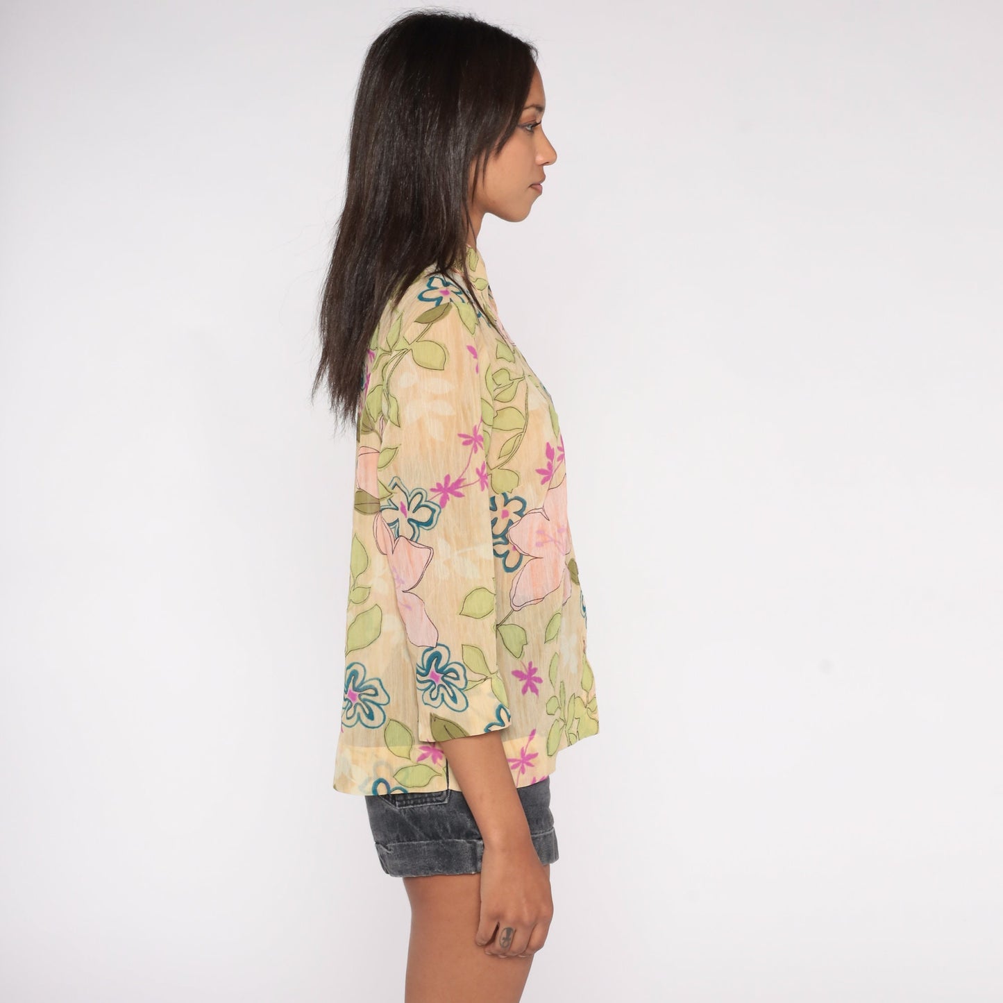 Y2K Floral Button-Up Blouse Semi Sheer Beige Long Sleeve Collared Medium