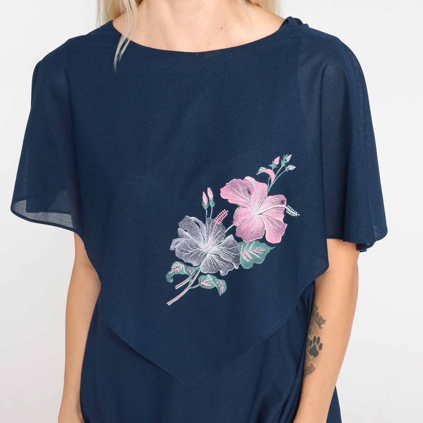80s Navy Floral Capelet Mini Dress Draped V-Back Flutter Sleeve Medium