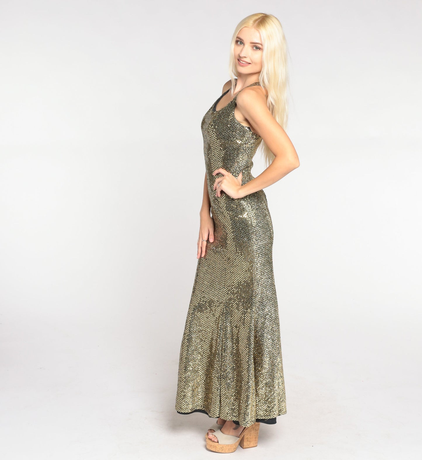 80s Gold Sequin Maxi Dress Zum Zum Fishtail Criss-Cross Back Small