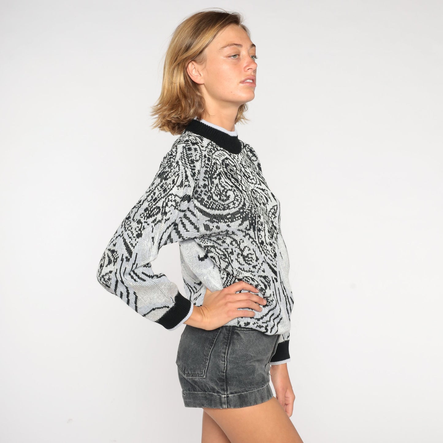 80s Grey Paisley Mock Neck Sweater Knit Pullover Medium M
