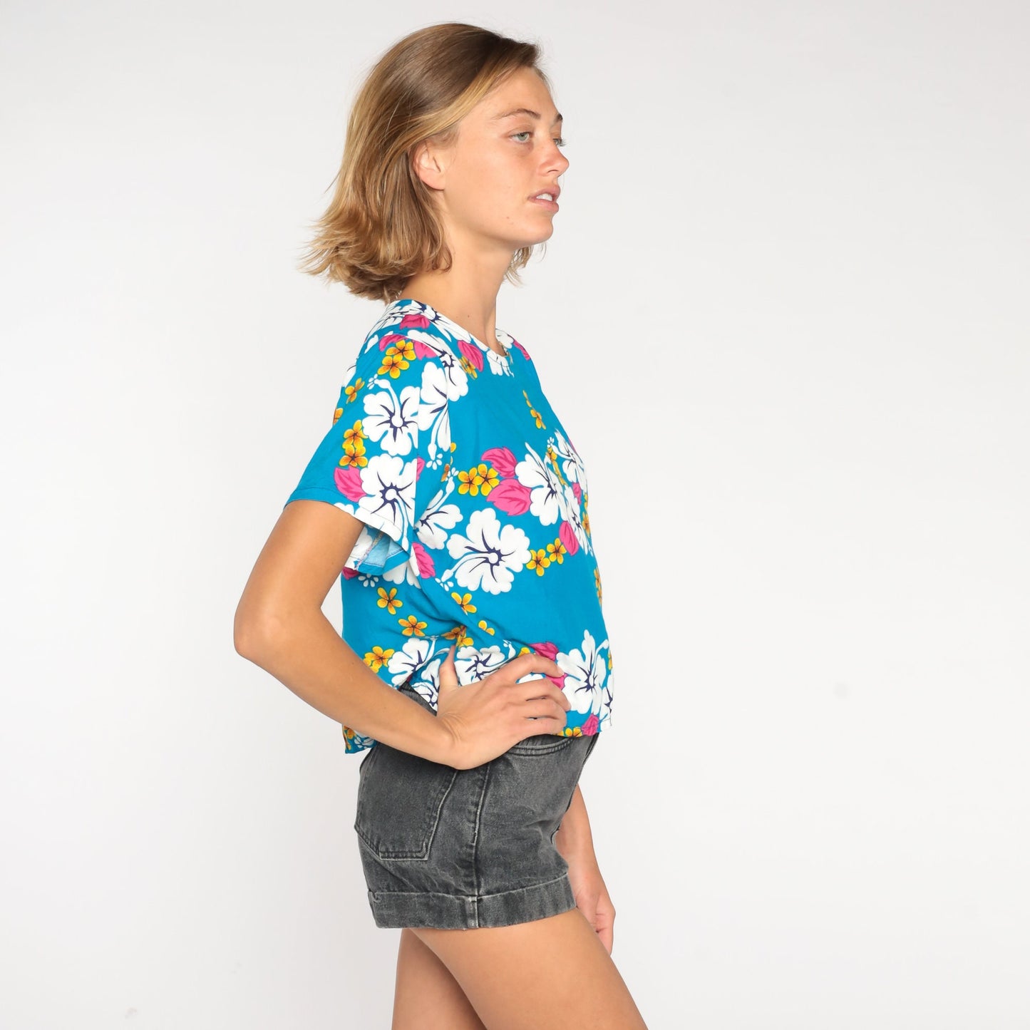 00s Tropical Floral Hibiscus T-Shirt Blue Hawaiian Print Tee Medium M