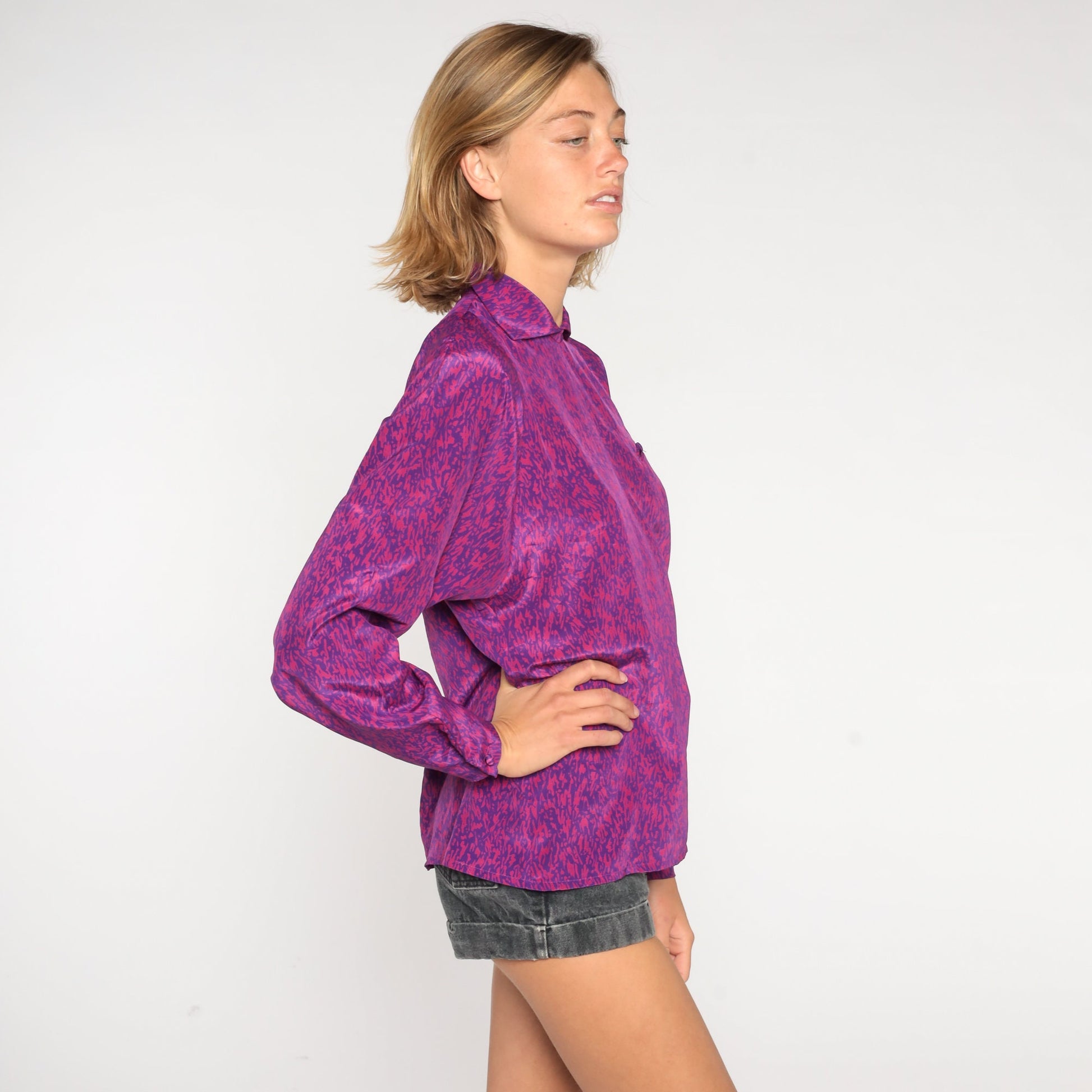 80s Purple Abstract Print Collared Blouse Long Sleeve Small