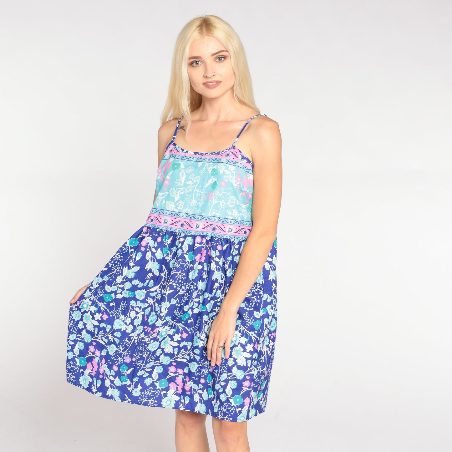Y2K Blue Floral Mini Dress Sleeveless High Waist Spaghetti Strap Large L