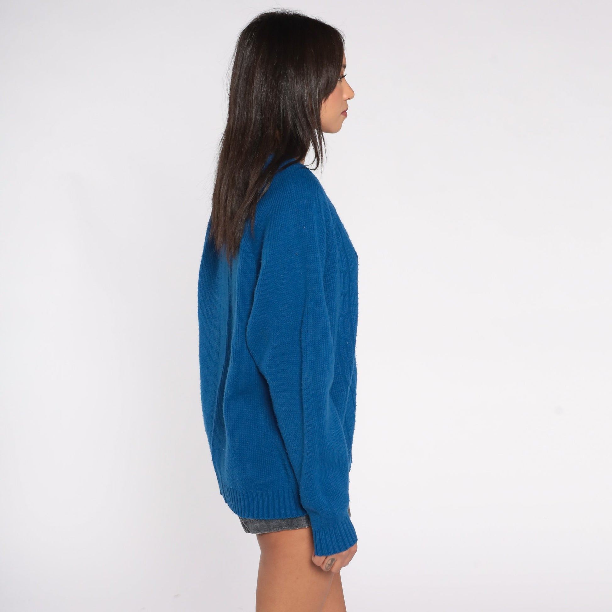70s Blue Cable Knit V-Neck Sweater Pullover Extra Large XL