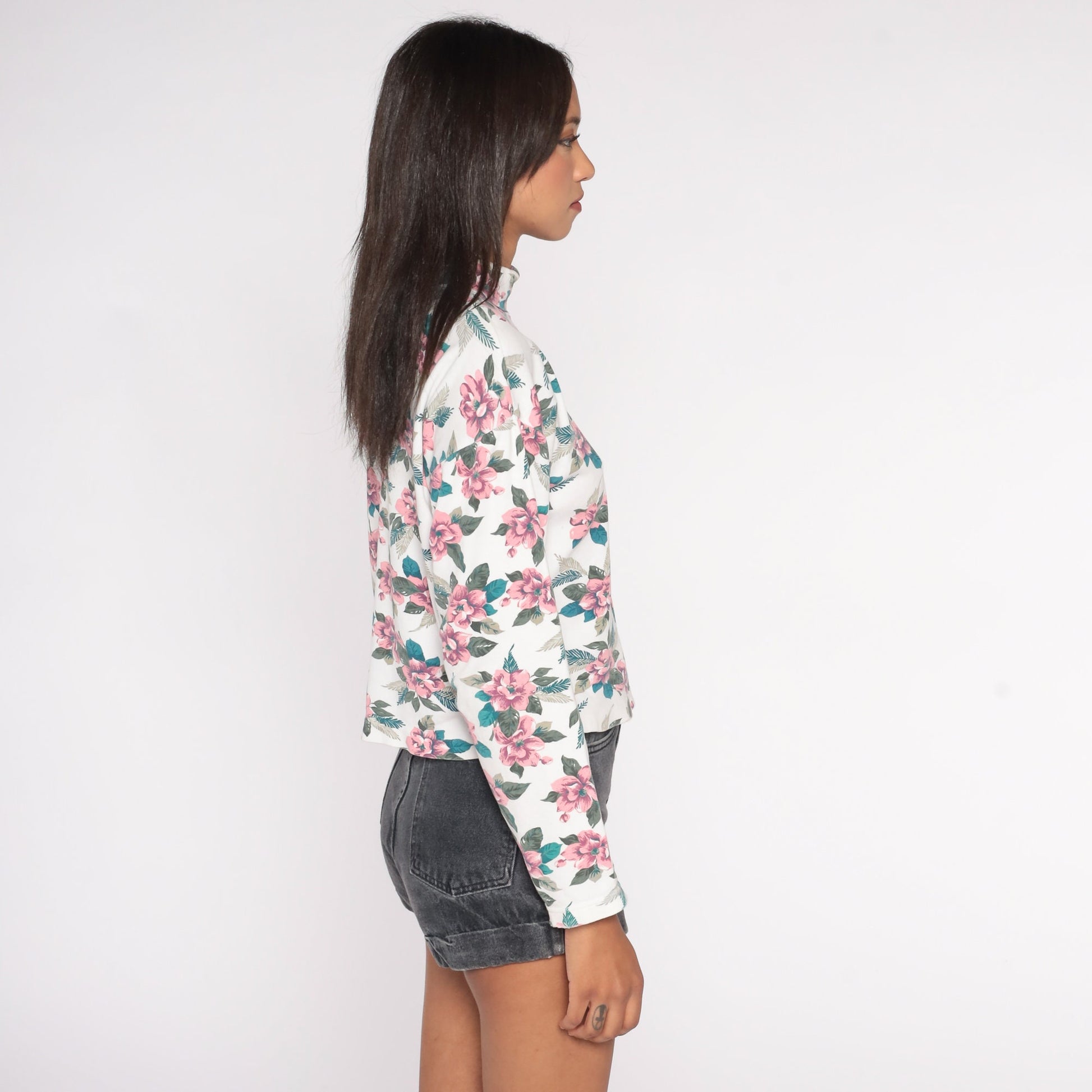 90s Floral Turtleneck Long Sleeve Shirt White Pink Print Medium M