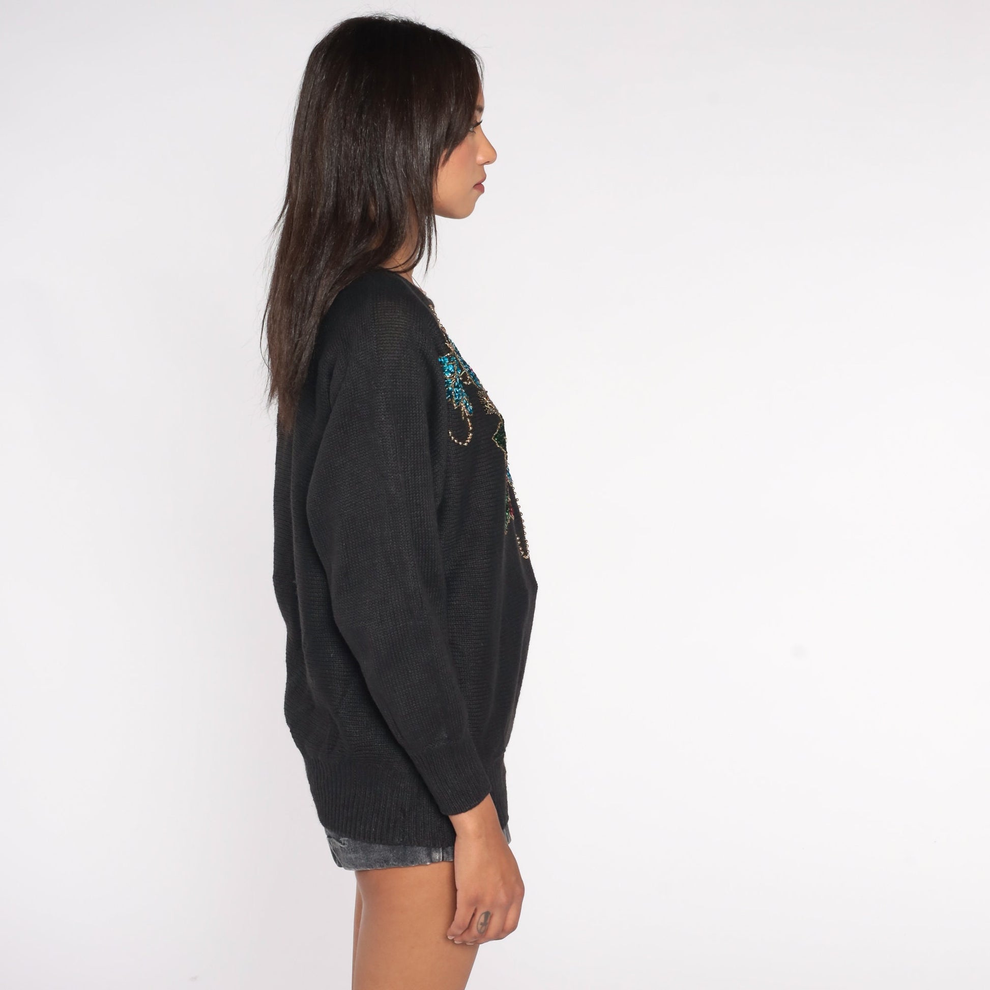 90s Black Sequin Floral Knit Sweater Dolman Sleeve Cotton Ramie Large L