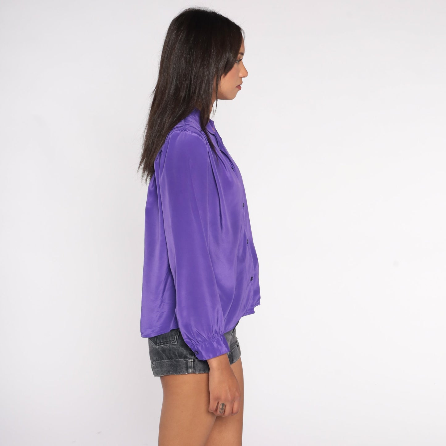 90s Purple Pleated Collar Blouse Long Sleeve Button Up Medium Petite