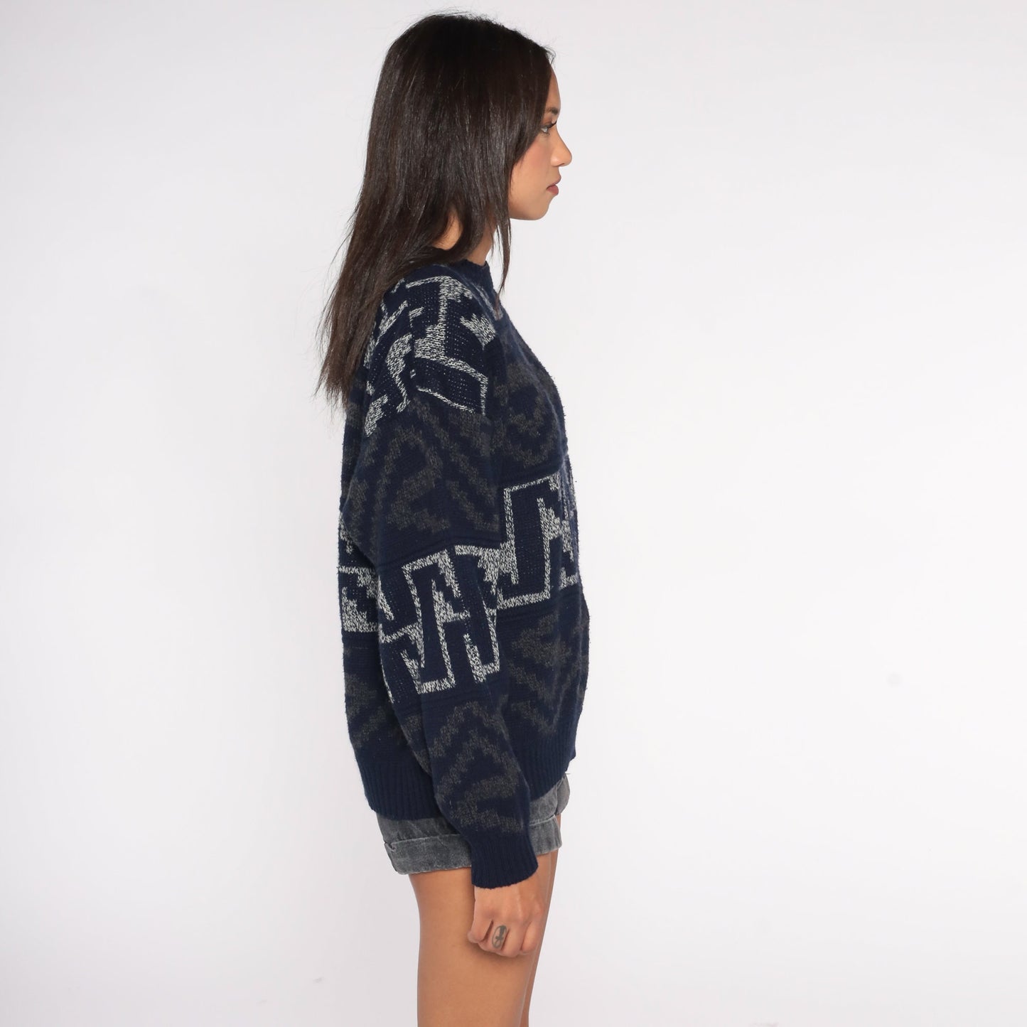 90s Geometric Navy Knit Pullover Sweater Large