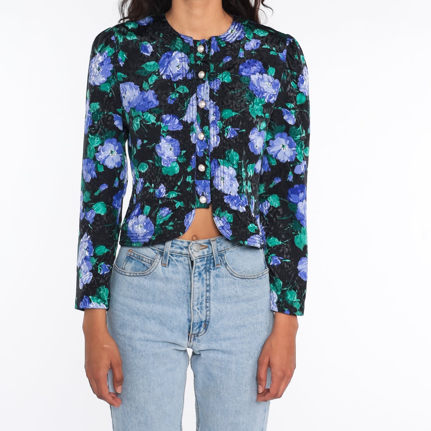 80s Floral Crop Top Puff Sleeve Button Up Blouse Black Extra Small
