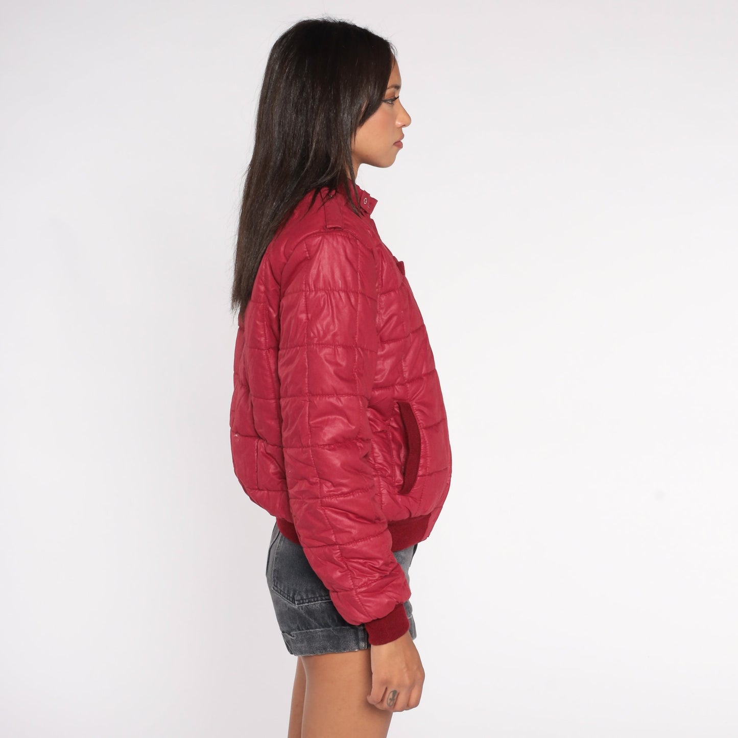 80s Burgundy Quilted Puffer Ski Jacket Zip Up Insulated Small