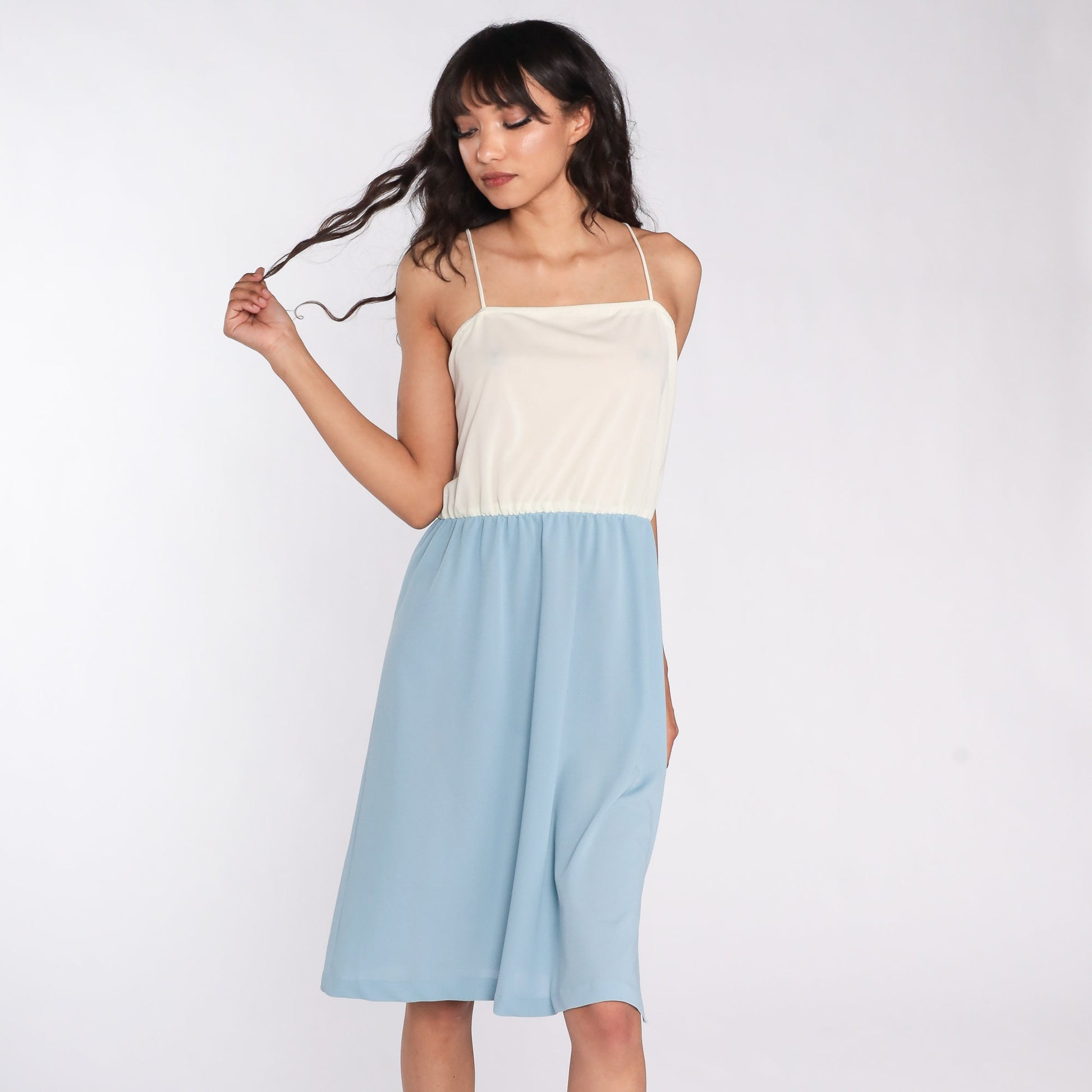 70s Cream Blue Color Block Spaghetti Strap Midi Dress High Waist Medium
