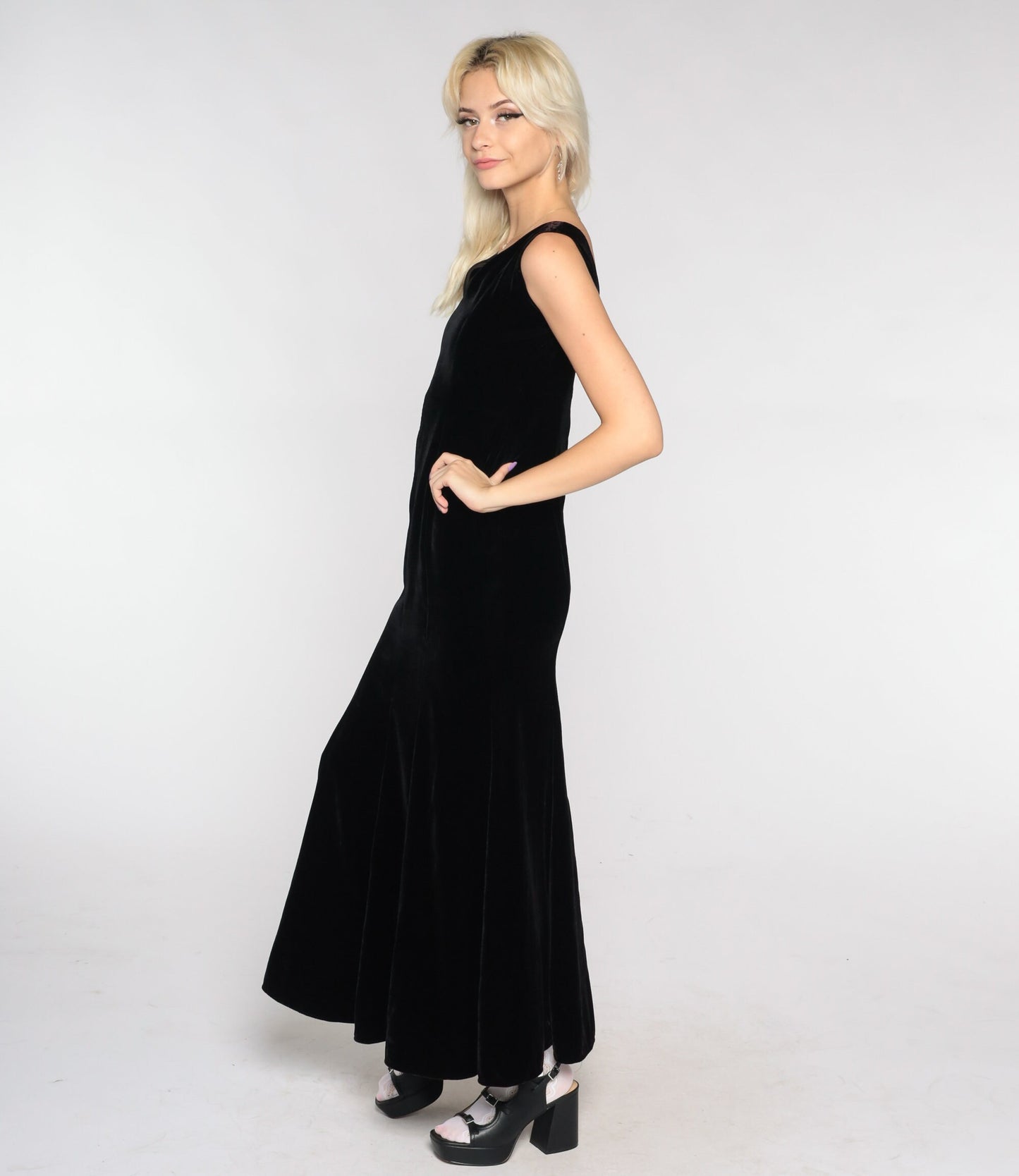 90s Black Velvet Maxi Dress V-Neck Sleeveless Sheath Extra Small