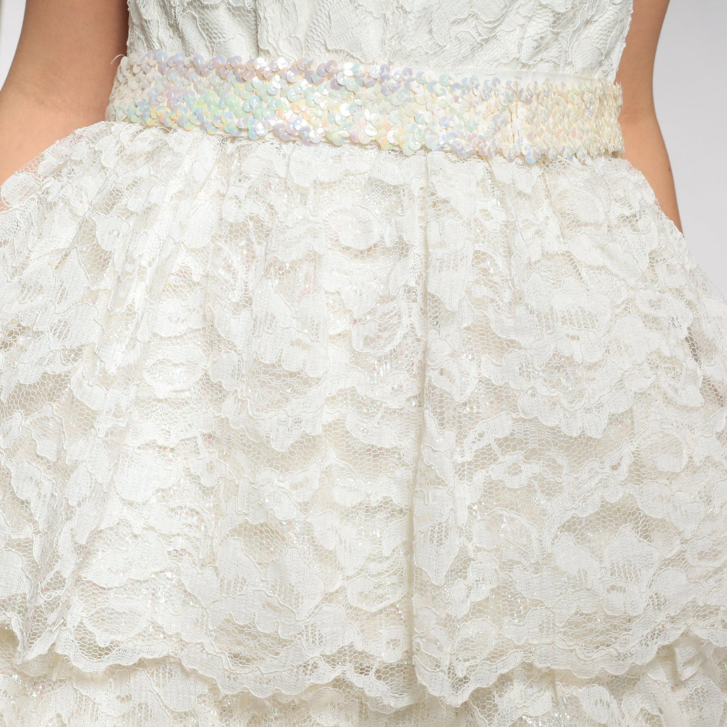 60s White Lace Wedding Dress Maxi Sweetheart Neckline Sequin Waist Extra Small