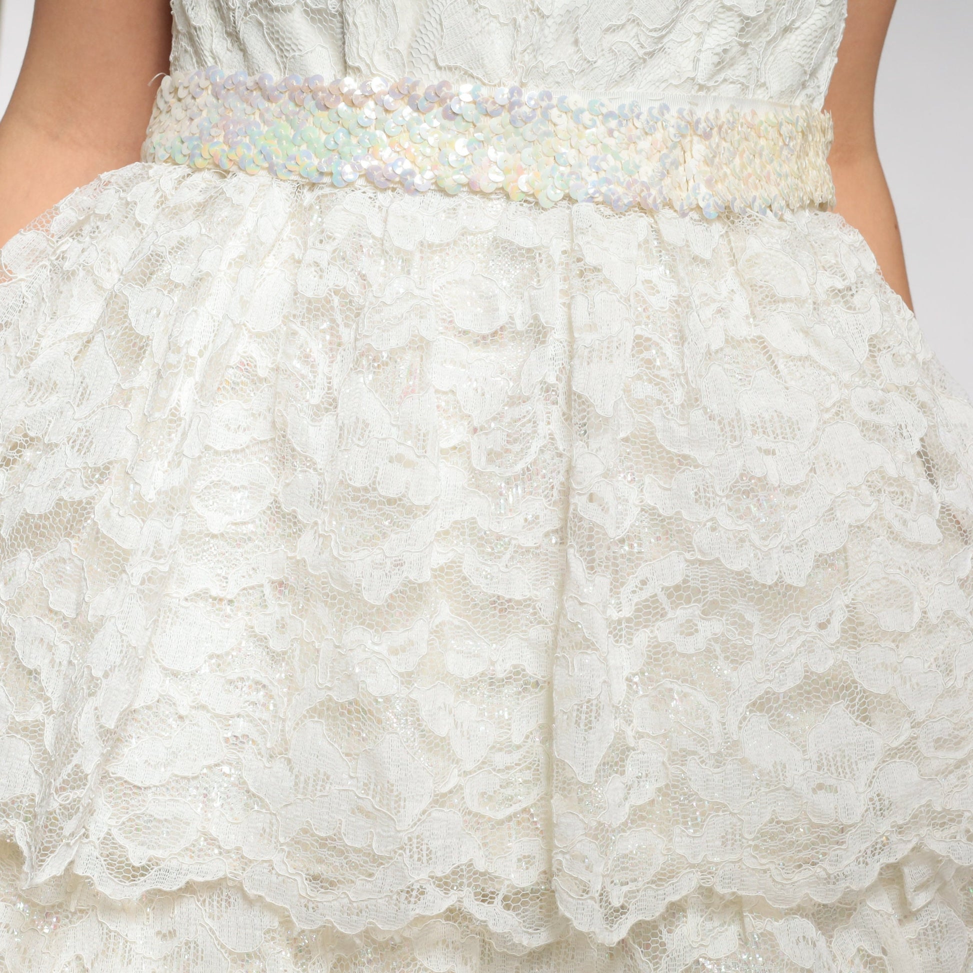 60s White Lace Wedding Dress Maxi Sweetheart Neckline Sequin Waist Extra Small