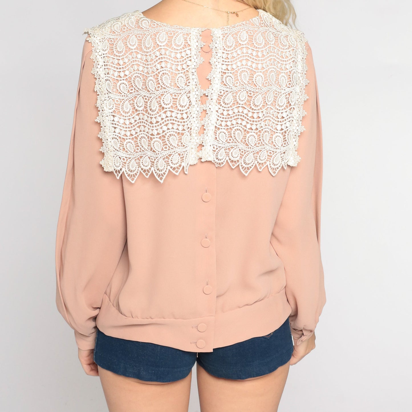 80s Muted Pink Lace Collar Blouse Button Back Pleated Long Sleeve Medium Large