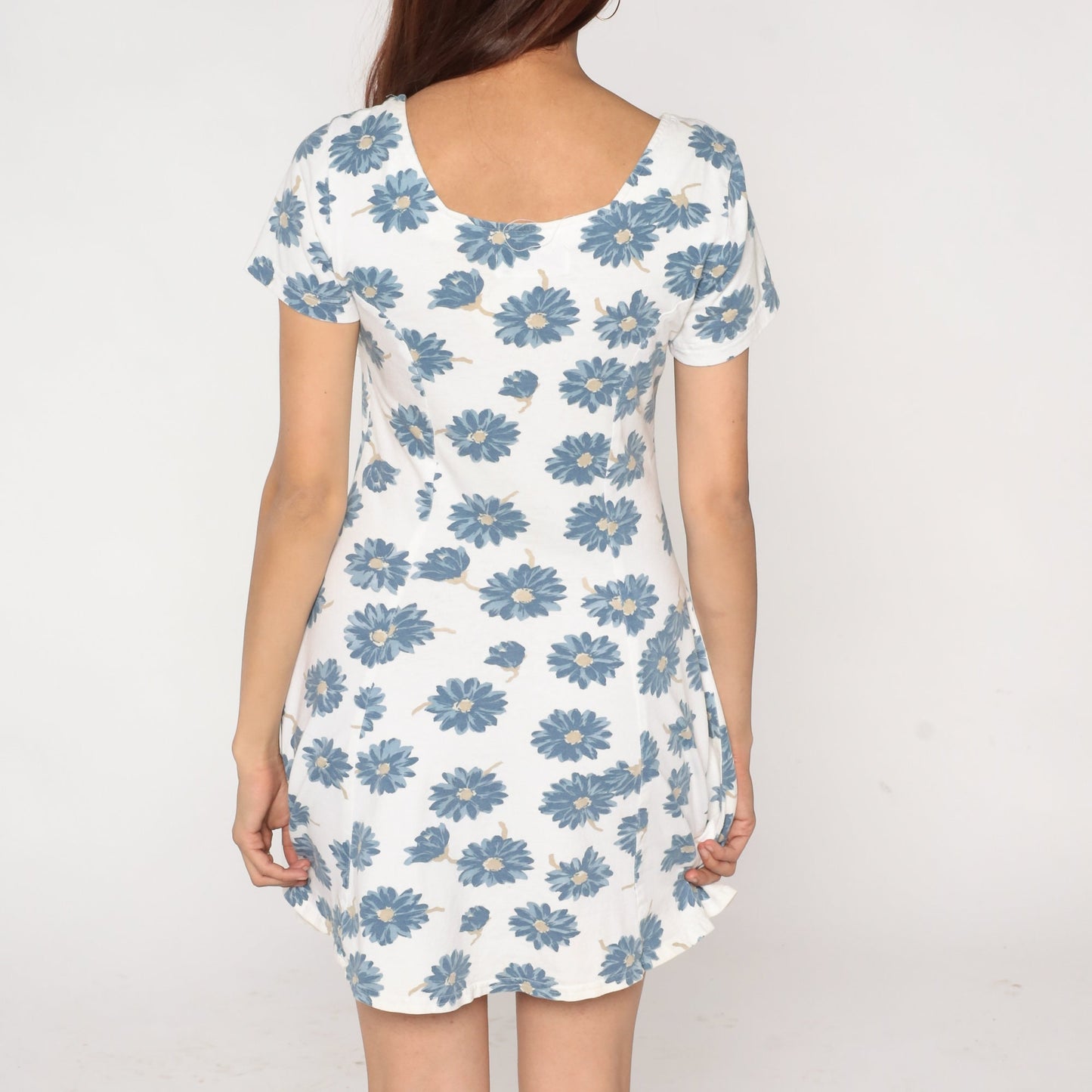 00s Wet Seal Floral Mini Dress White Blue Princess Seam Fit and Flare Small
