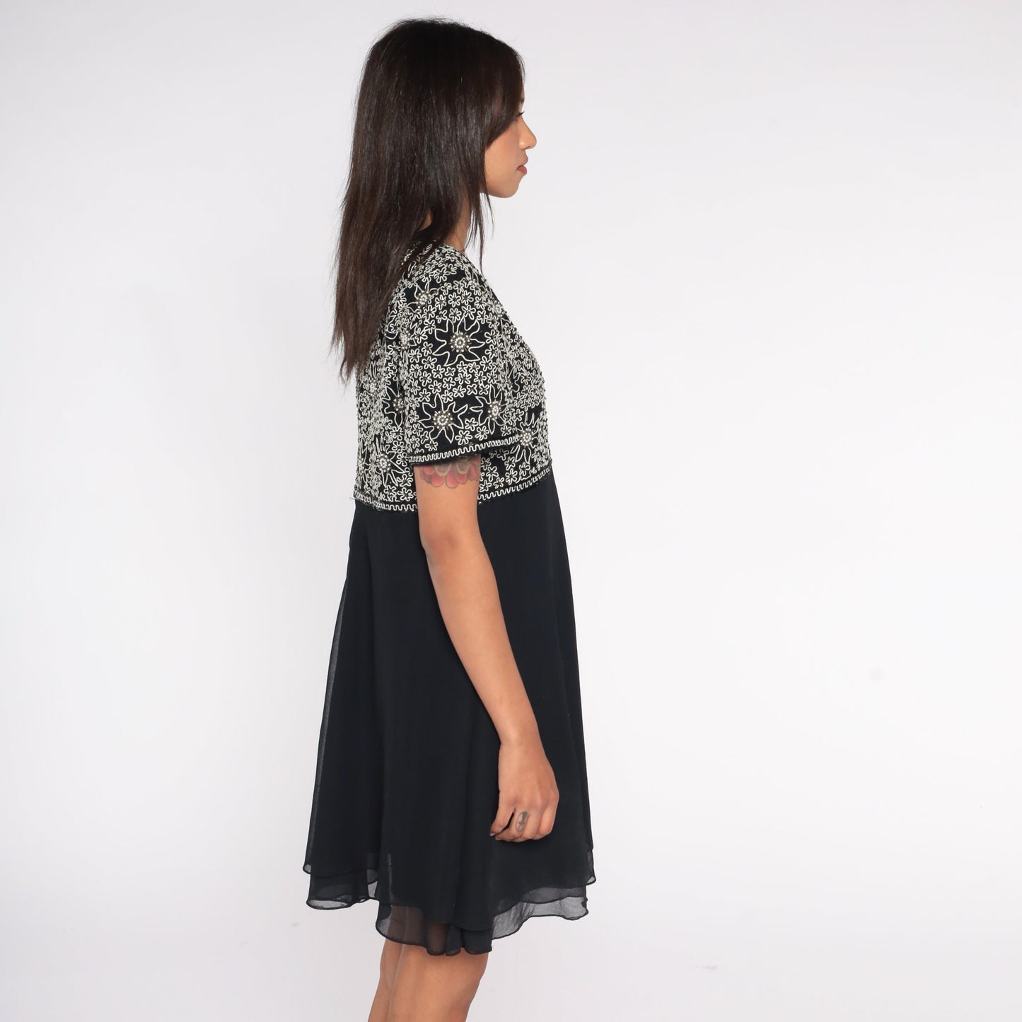 Y2K Black Floral Beaded Empire Waist Mini Dress Chiffon Short Sleeve Large L
