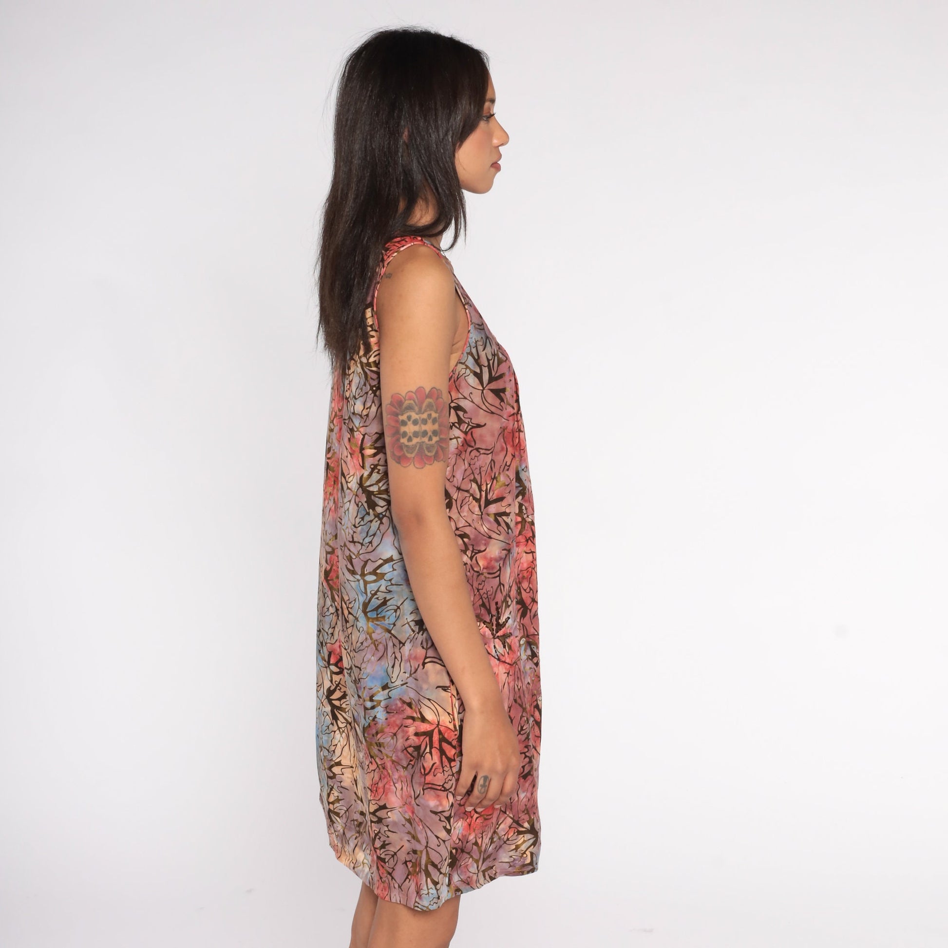 Y2K Tie Dye Leaf Print Mini Dress Sleeveless Pleated Bodice Pink Purple Blue Small S