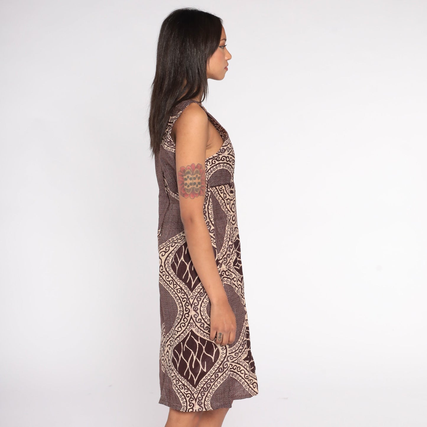 Y2K Brown Batik Sundress Empire Waist Sleeveless Mini Shift Dress Small S