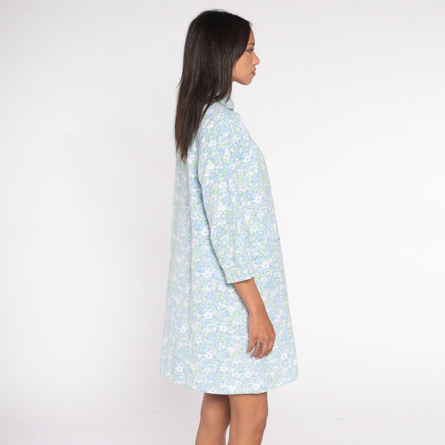 90s Blue Floral Mini Nightgown Peter Pan Collar Snap Front Medium