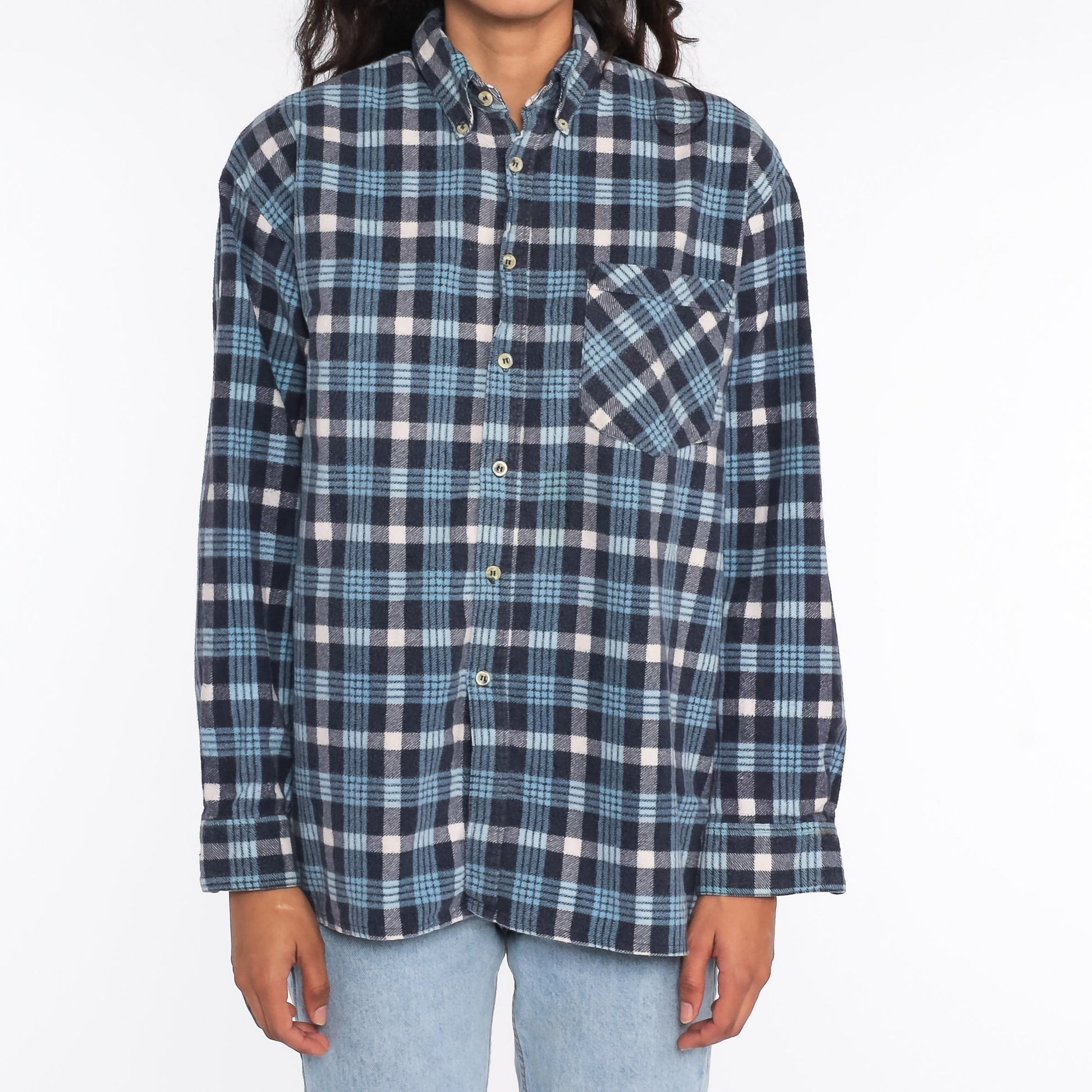 90s Blue Plaid Flannel Shirt Cotton Button-Up Long Sleeve Men's Medium