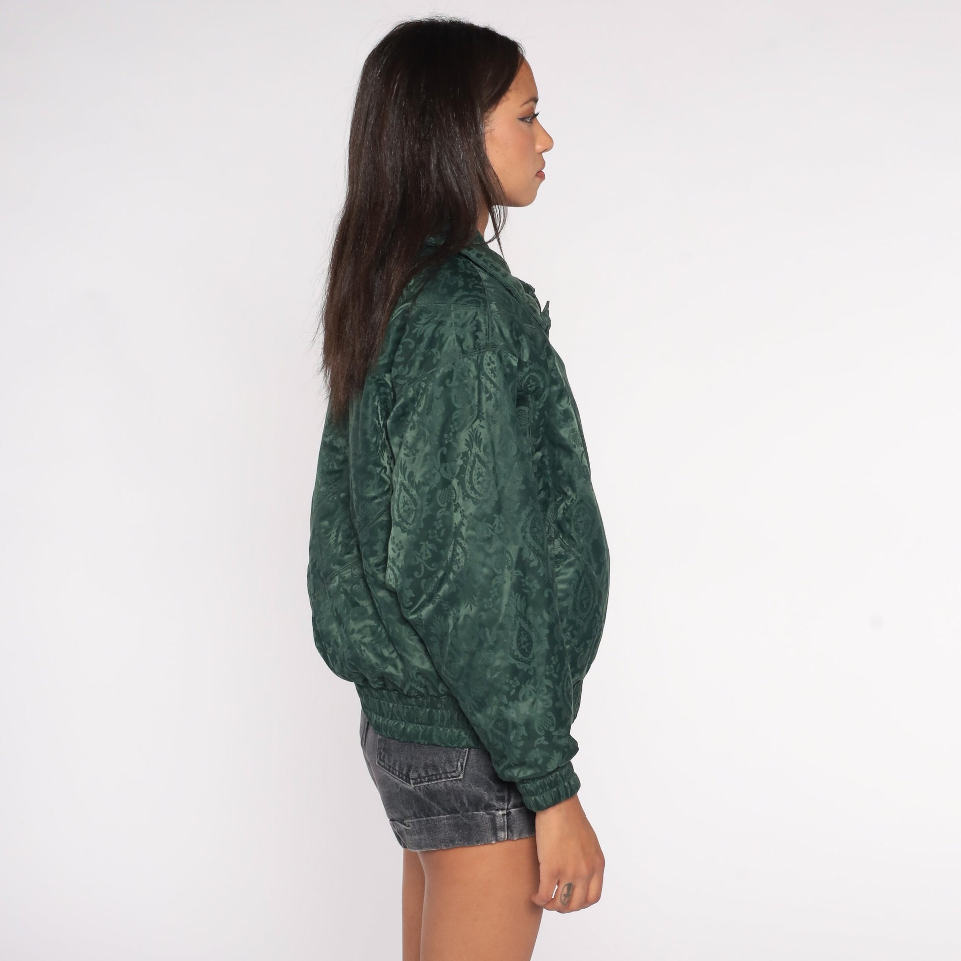 90s Brocade Floral Bomber Jacket Dark Green Embossed Zip Snap Medium