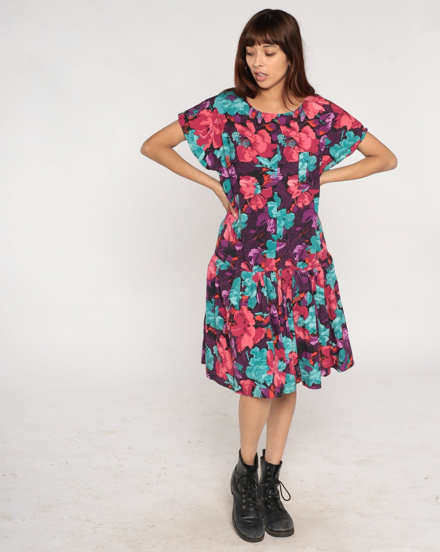 90s Floral Drop Waist Midi Dress Purple Multicolor Short Sleeve Medium