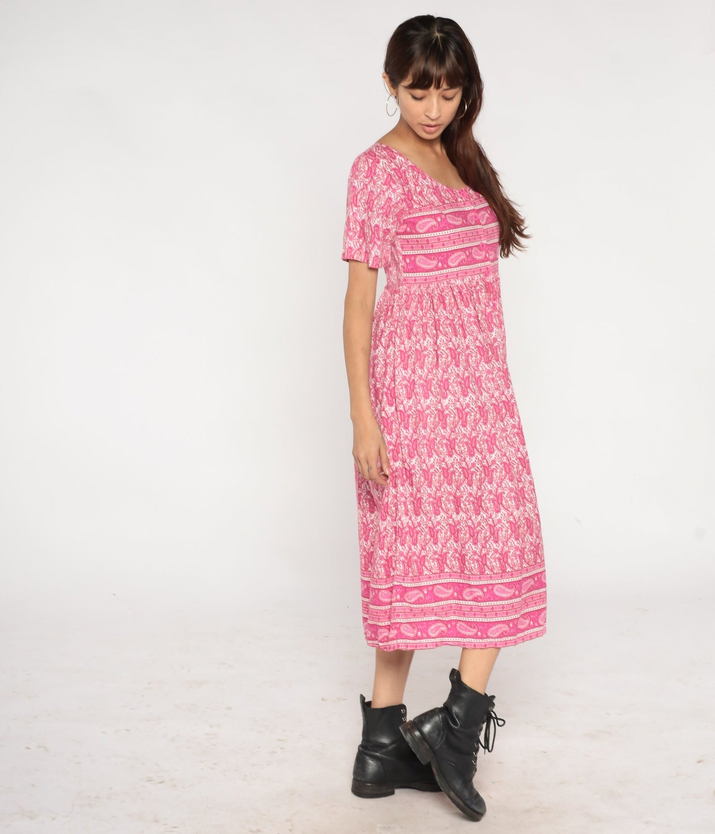 Y2K Pink Paisley Midi Shirtdress High Waist Button Front Cotton Small
