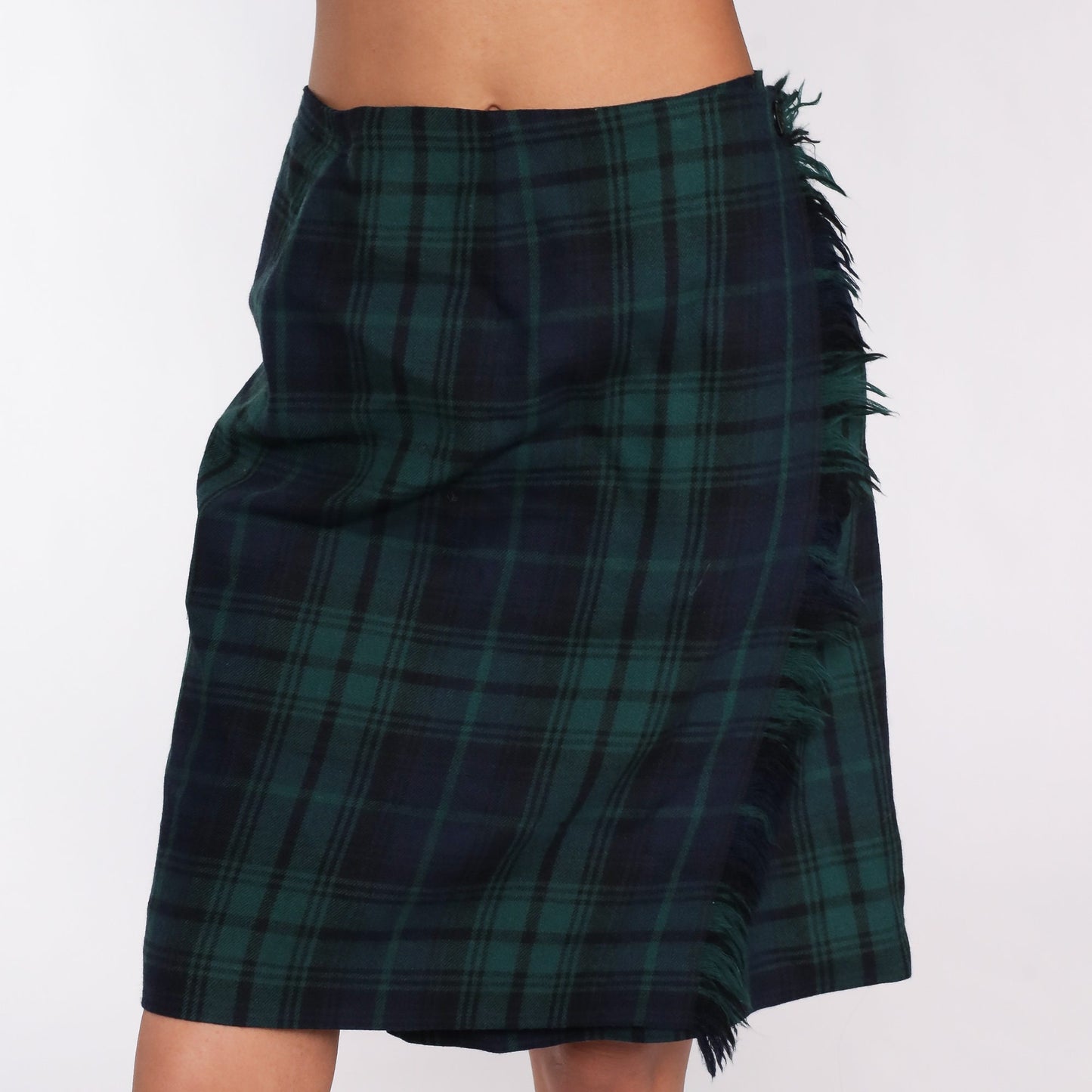 90s Wool Plaid Mini Pencil Skirt Navy Green High Waist Small 6
