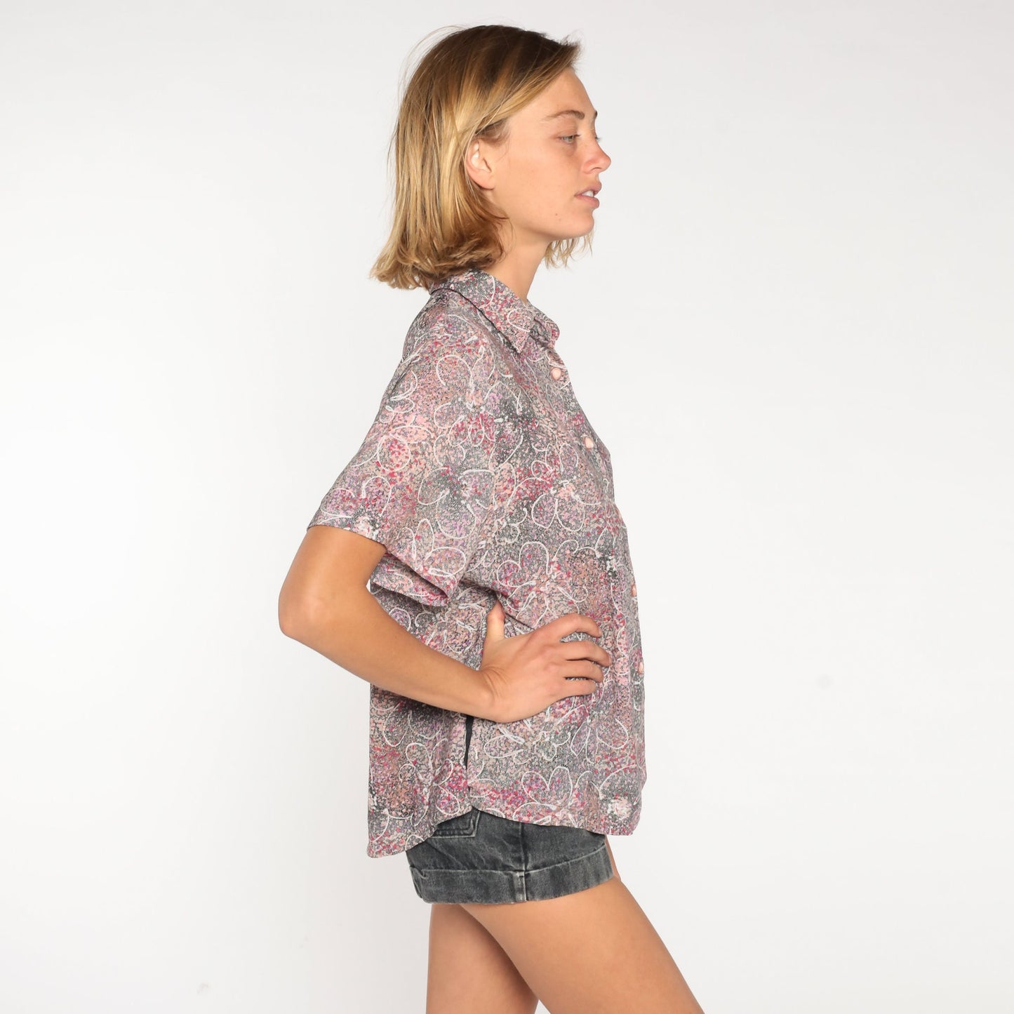 90s Floral Metallic Button-Up Blouse Short Sleeve Collared Shirt Large L