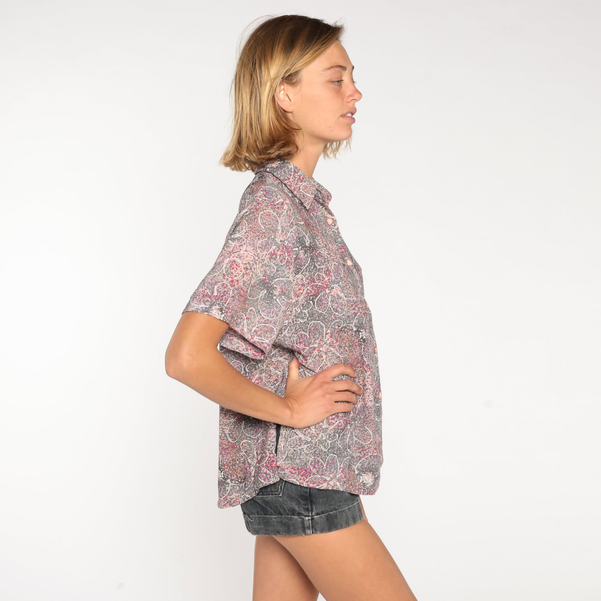 90s Floral Metallic Button-Up Blouse Short Sleeve Collared Shirt Large L
