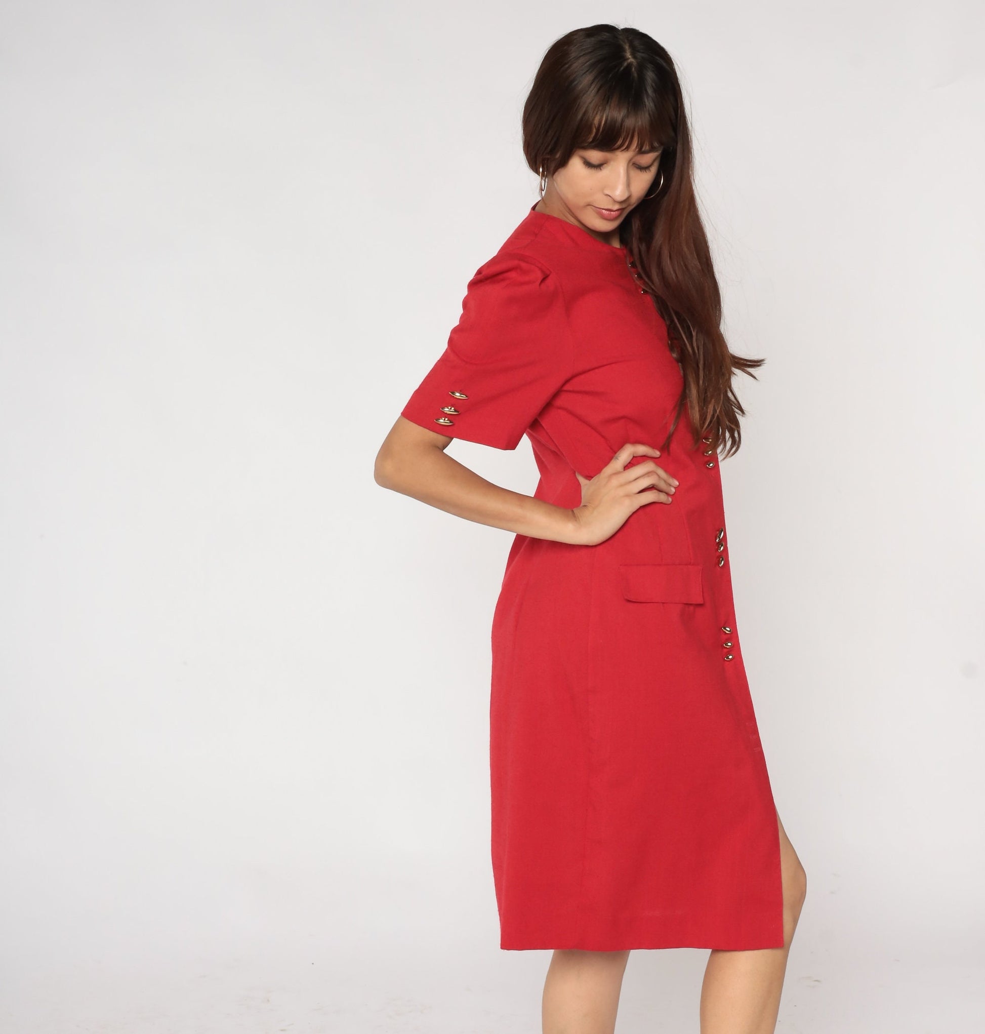 80s Leslie Fay Red Midi Sheath Dress Gold Buttons Puff Sleeve Medium