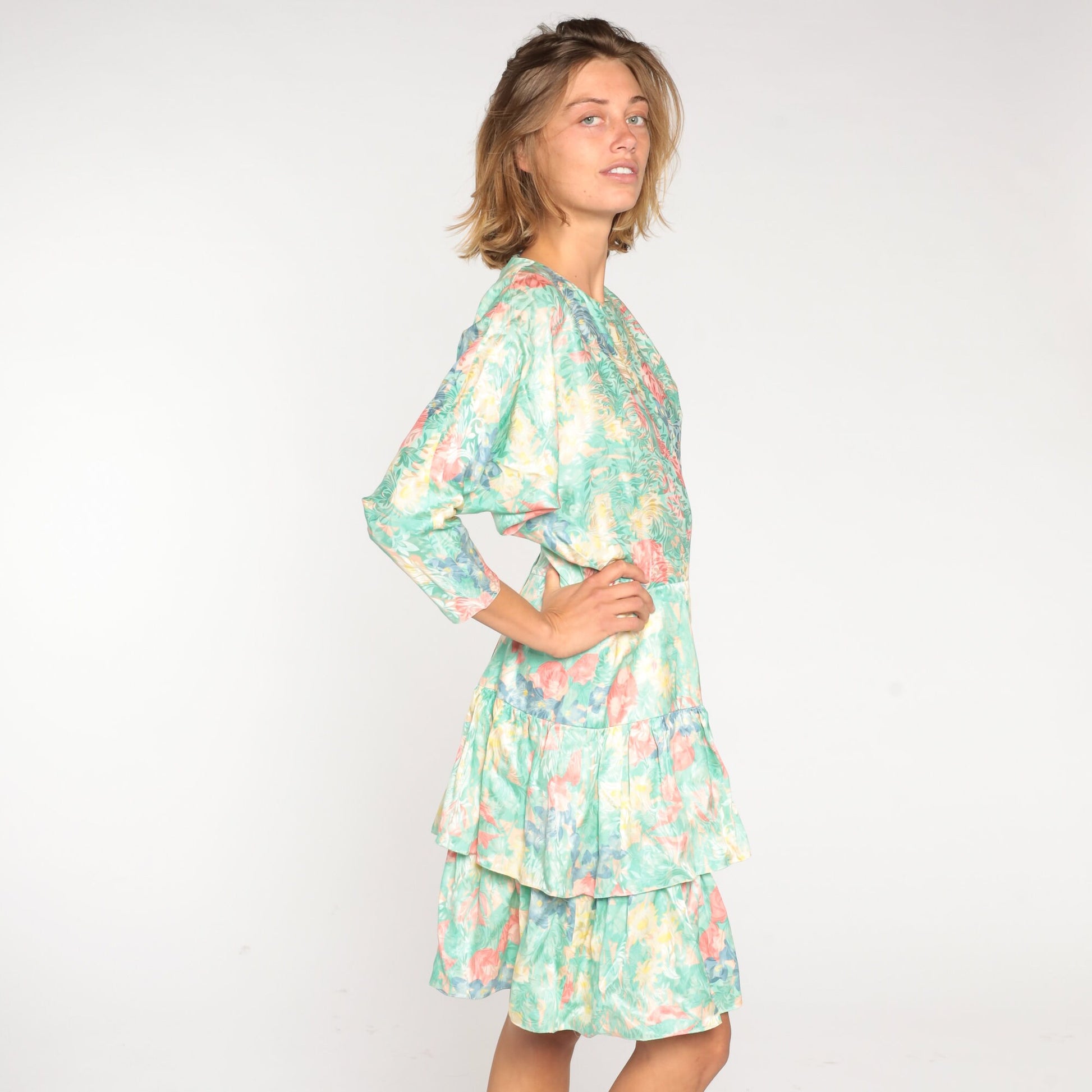 80s Silk Floral Mini Dress Green Print High Waist Tiered Long Sleeve Small 6