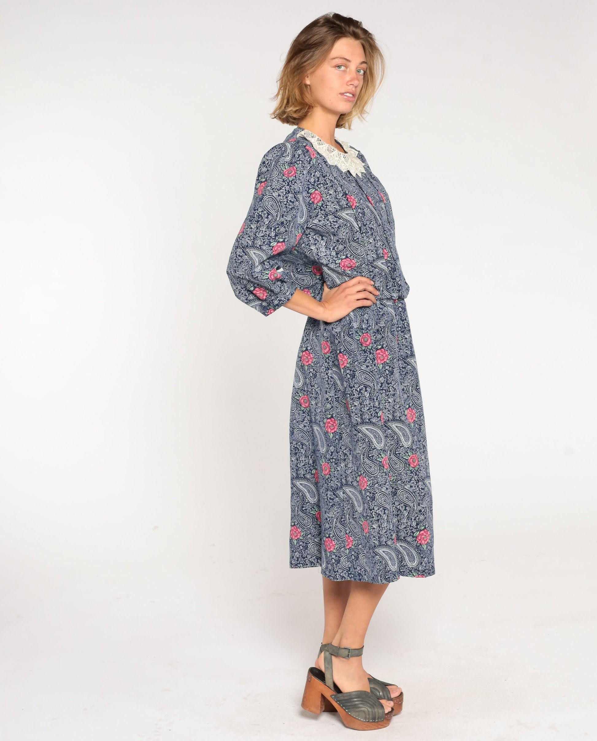 80s Navy Floral Paisley Midi Dress Lace Collar Puff Sleeve High Waist Medium