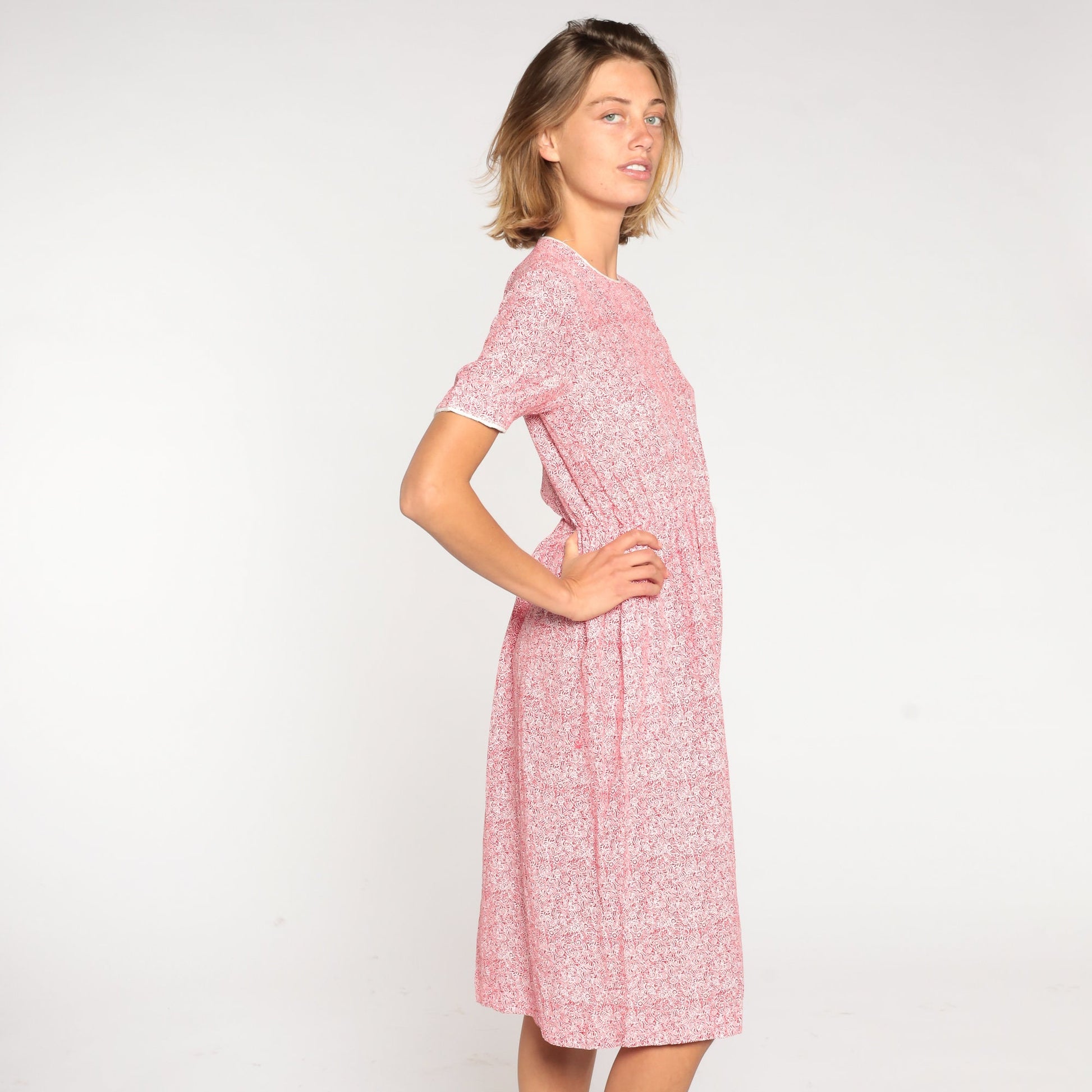 80s Red Abstract Print Knee-Length Dress High Waist Short Sleeve Extra Small