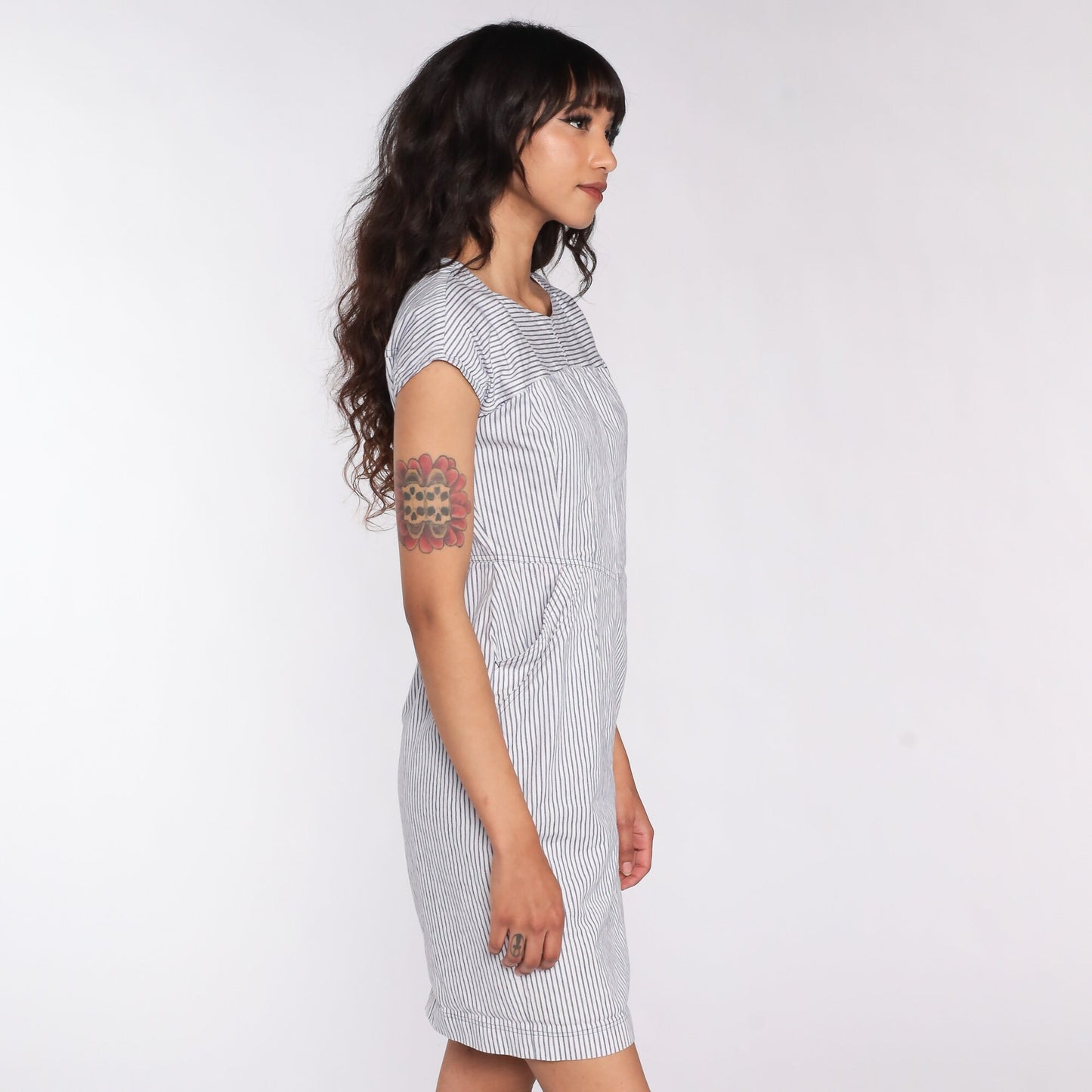 00s Pinstripe Mini Dress White Grey Sheath High Waist Pockets Small S