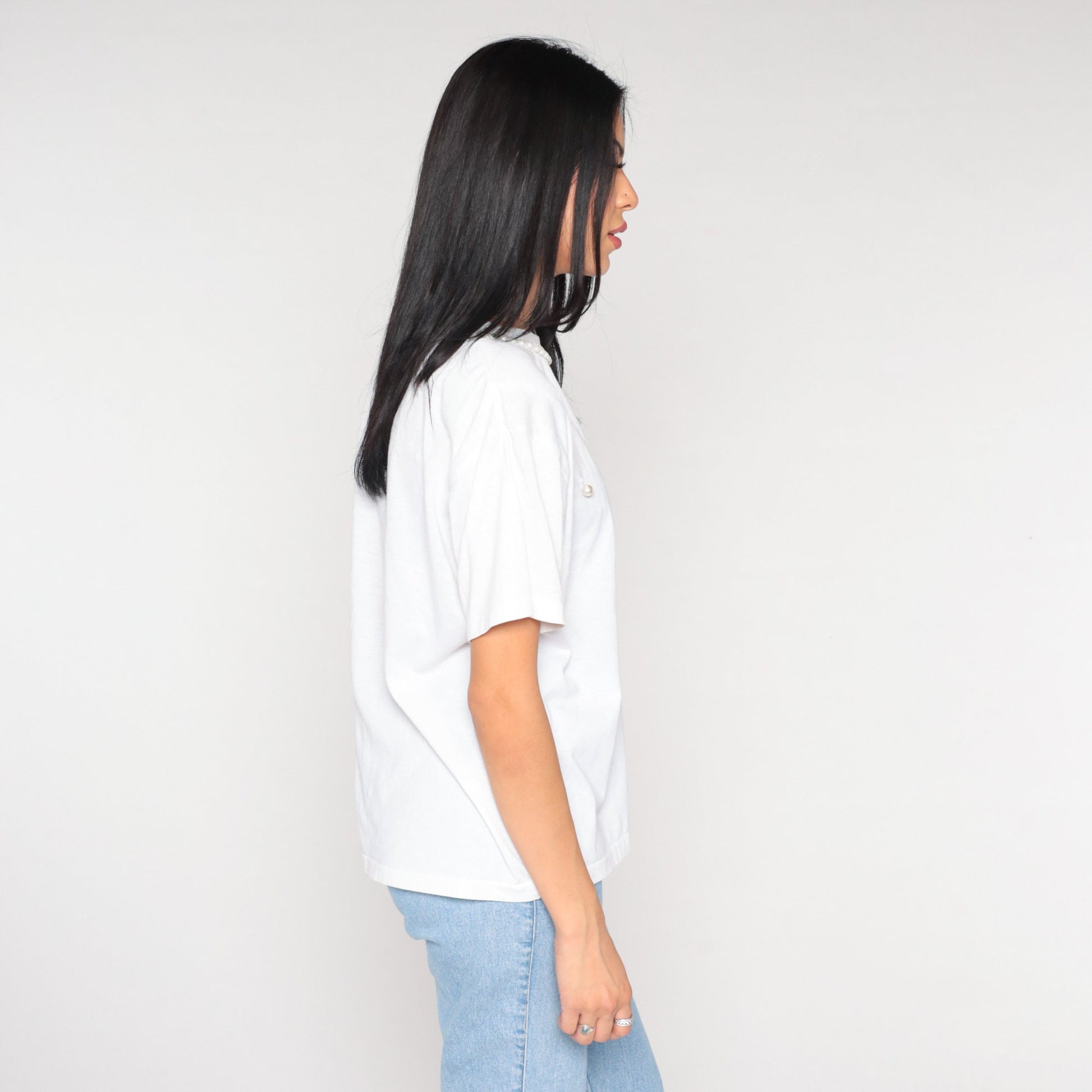 90s Pearl Beaded White T-Shirt Embroidered Graphic Tee Medium
