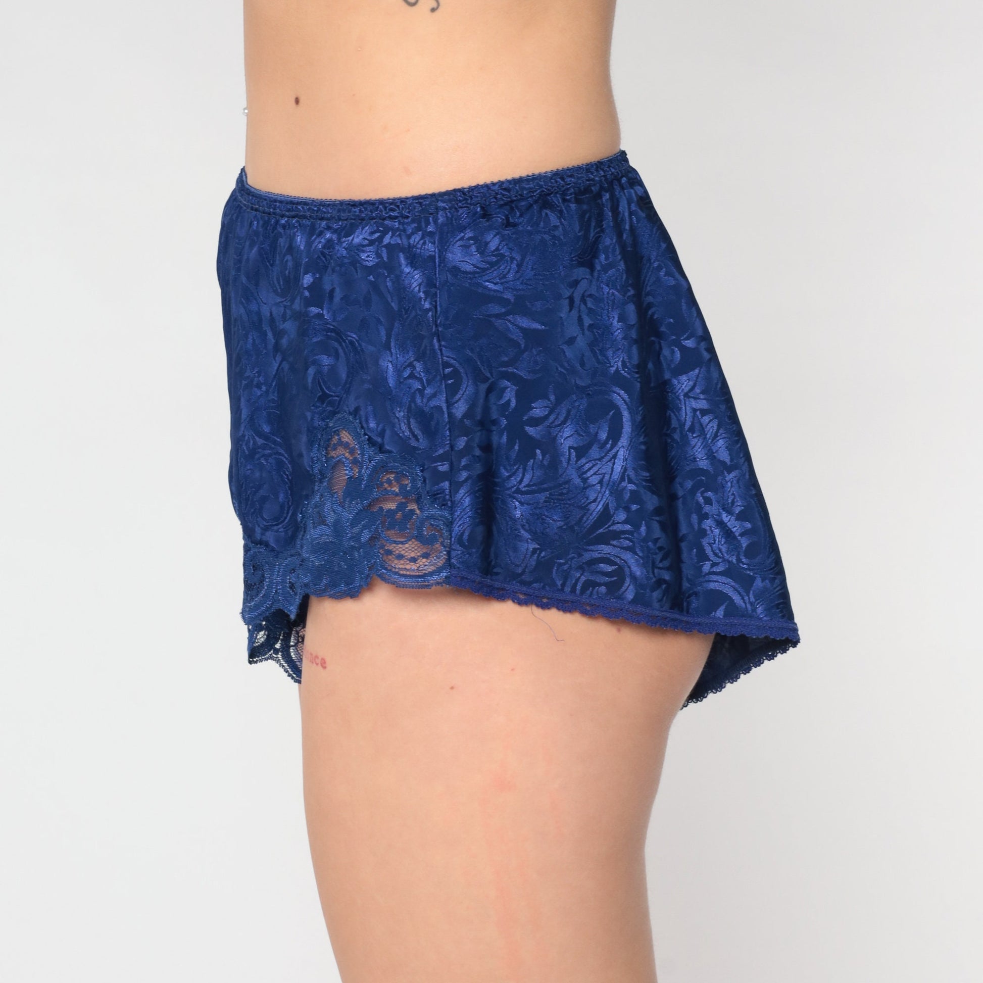90s Indigo Satin Tap Shorts Floral Embossed Lace Trim Sleep Shorts Small Medium