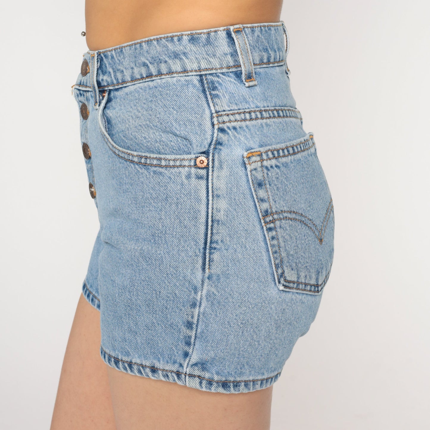 90s Levi's Jean Shorts Blue Denim Mid Rise Button Fly Small