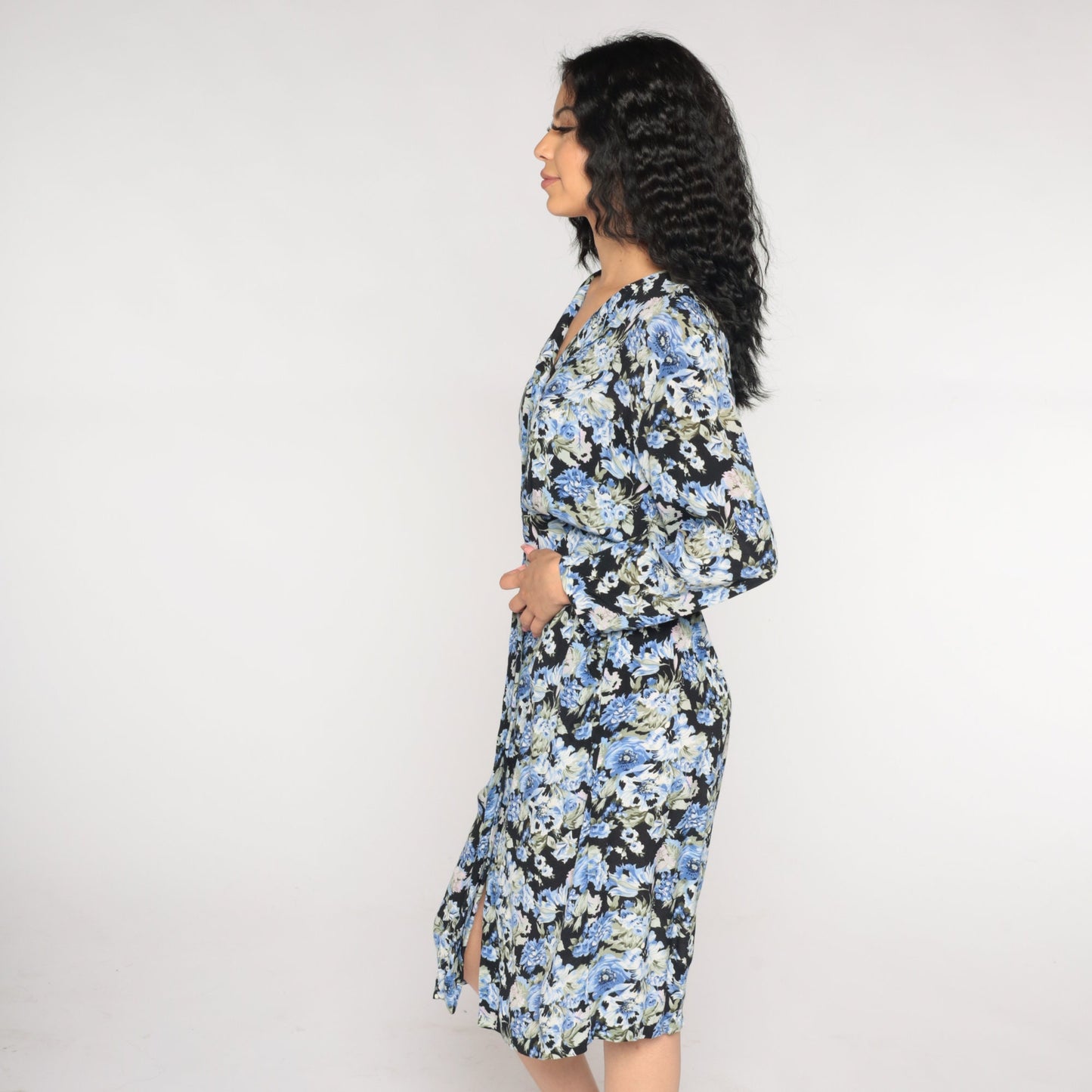 90s Black Floral Midi Dress Button-Up Long Sleeve High Waist Pencil Cut Pockets Small