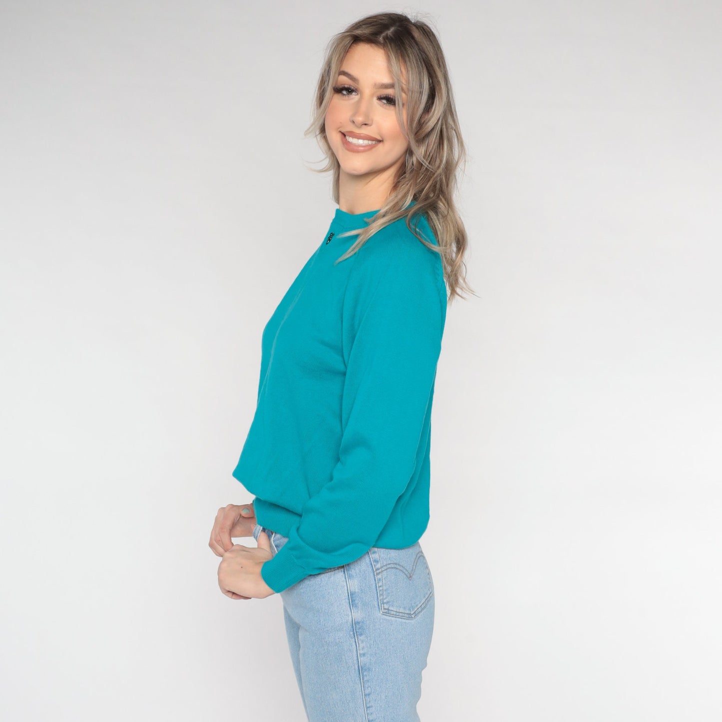 90s Teal Cotton Knit Sweater Ladybug Embroidered Raglan Crewneck Medium